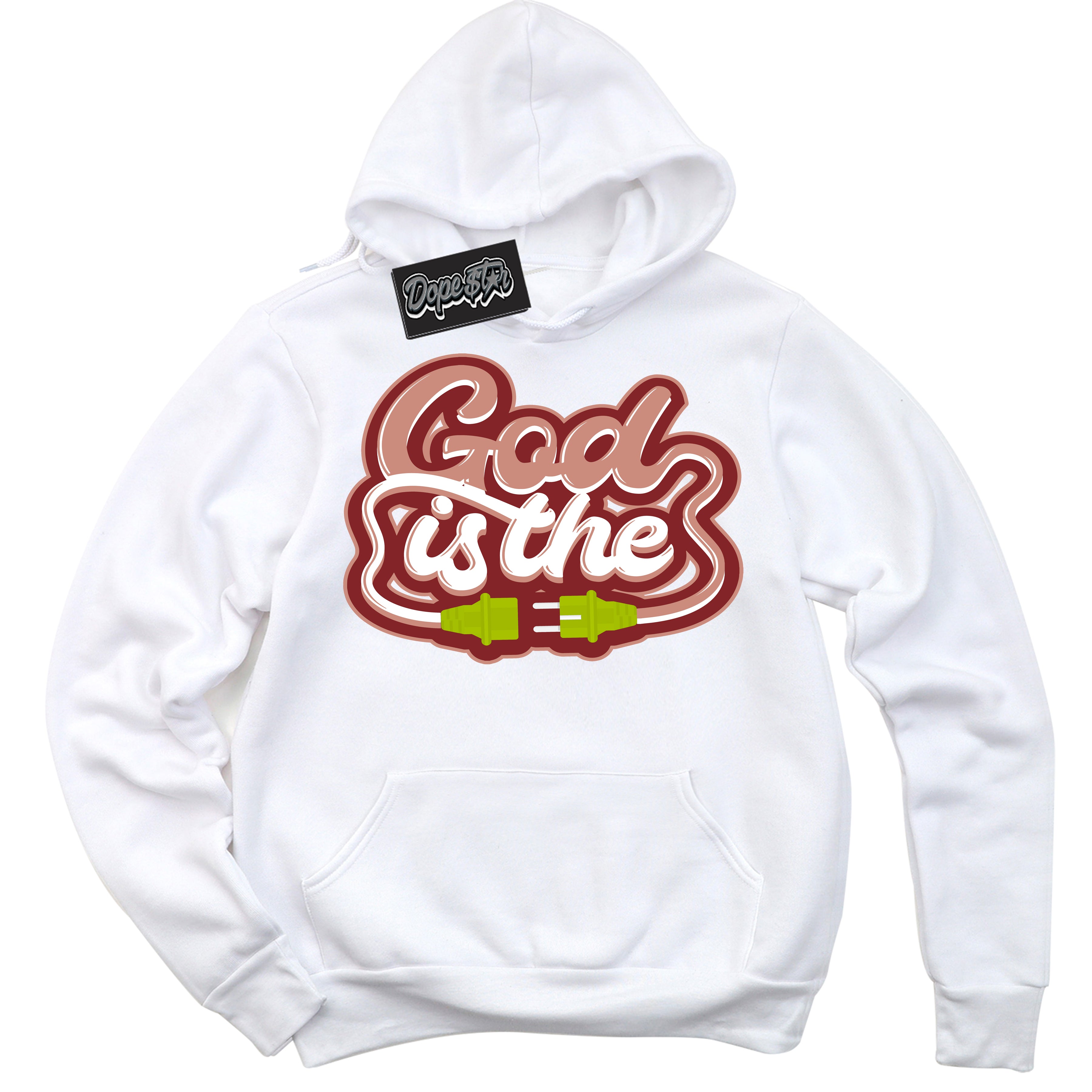 Cool White Hoodie with “God Is The” design that Perfectly Matches Dune Red 13s Jordans.