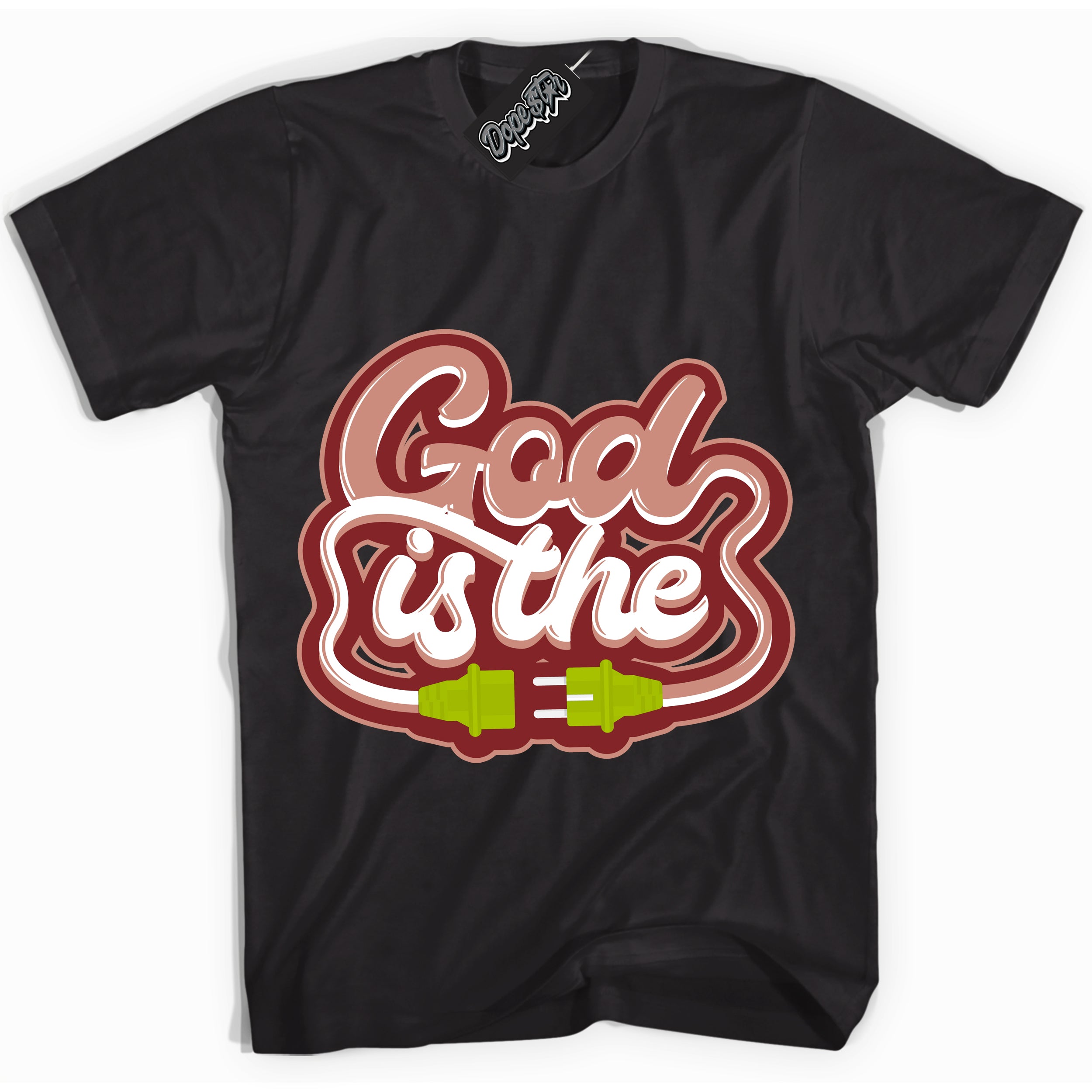 Cool Black Shirt with “God Is The” design that perfectly matches the Dune Red 13s Jordans.