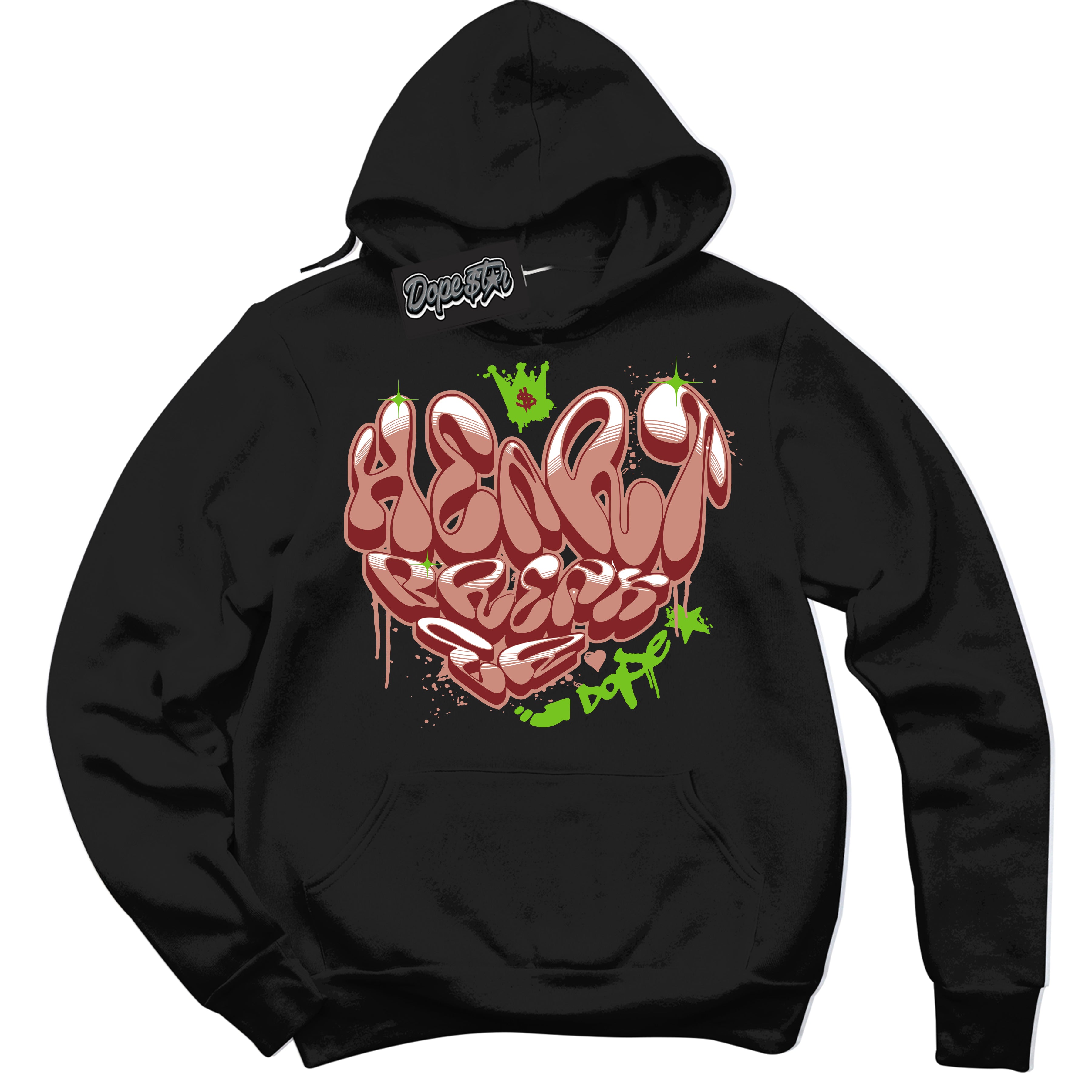 Cool Black Hoodie with “Heartbreaker Graffiti” design that Perfectly Matches Dune Red 13s Jordans.