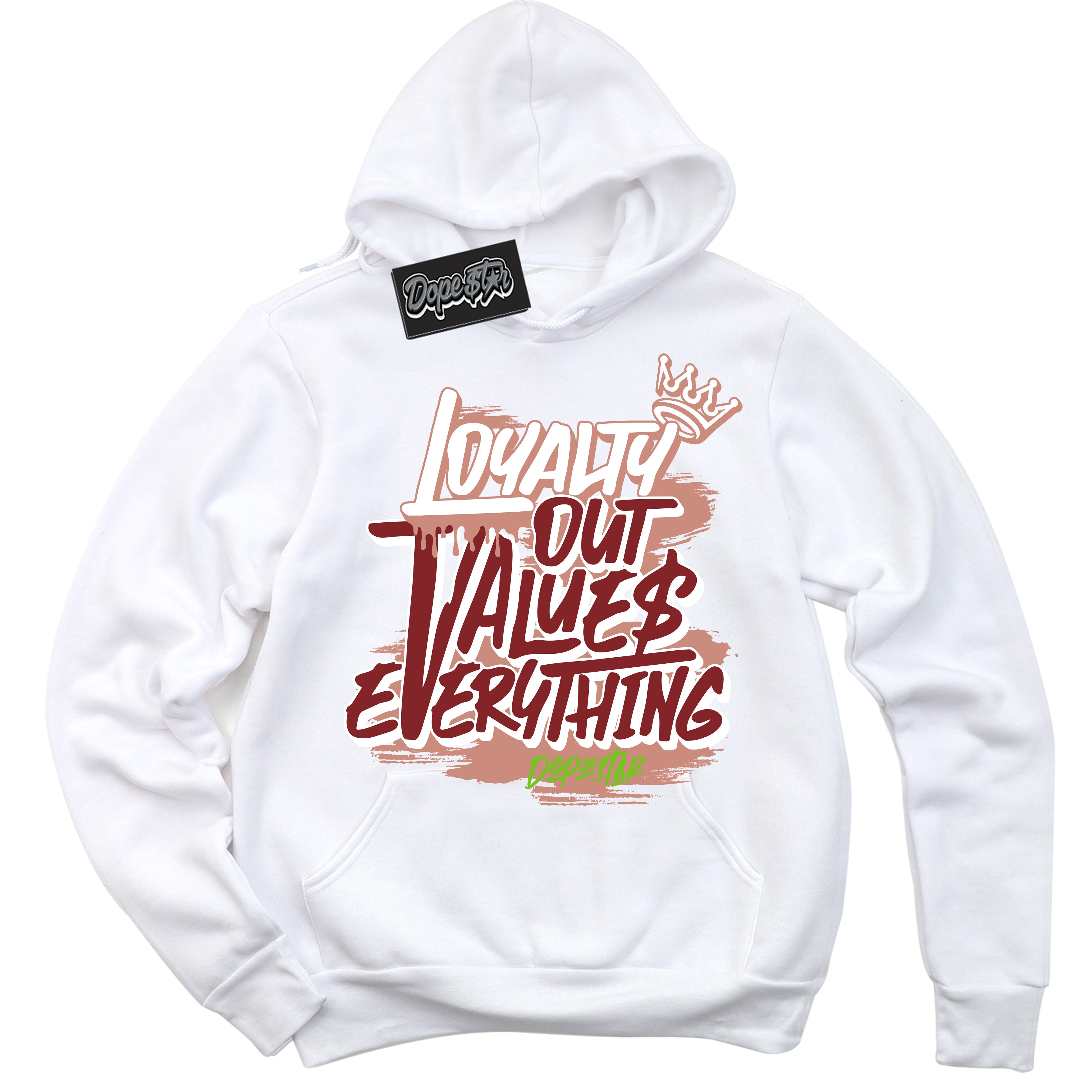 Cool White Hoodie with “Loyalty Out Values Everything” design that Perfectly Matches Dune Red 13s Jordans.\