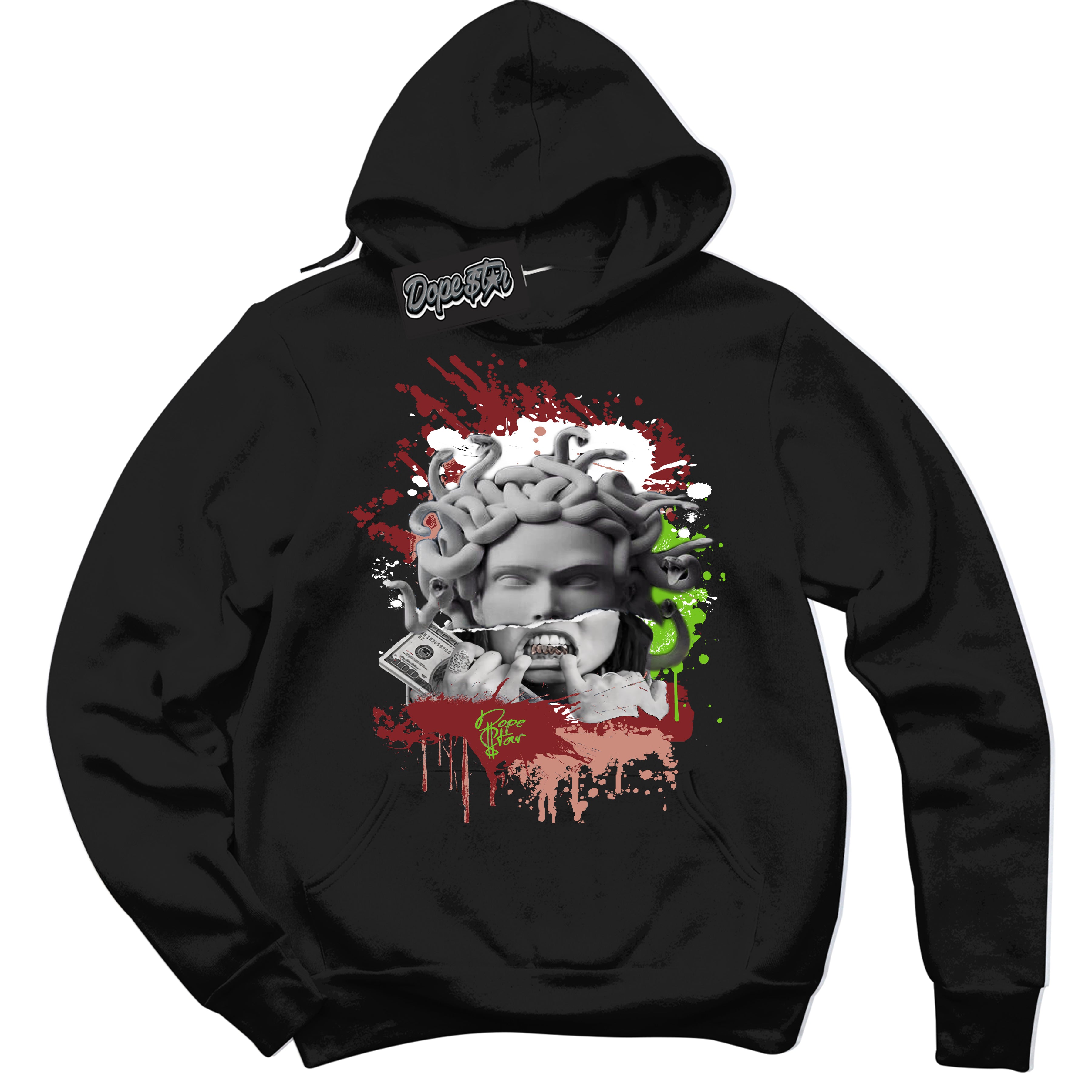 Cool Black Hoodie with “Medusa” design that Perfectly Matches Dune Red 13s Jordans.