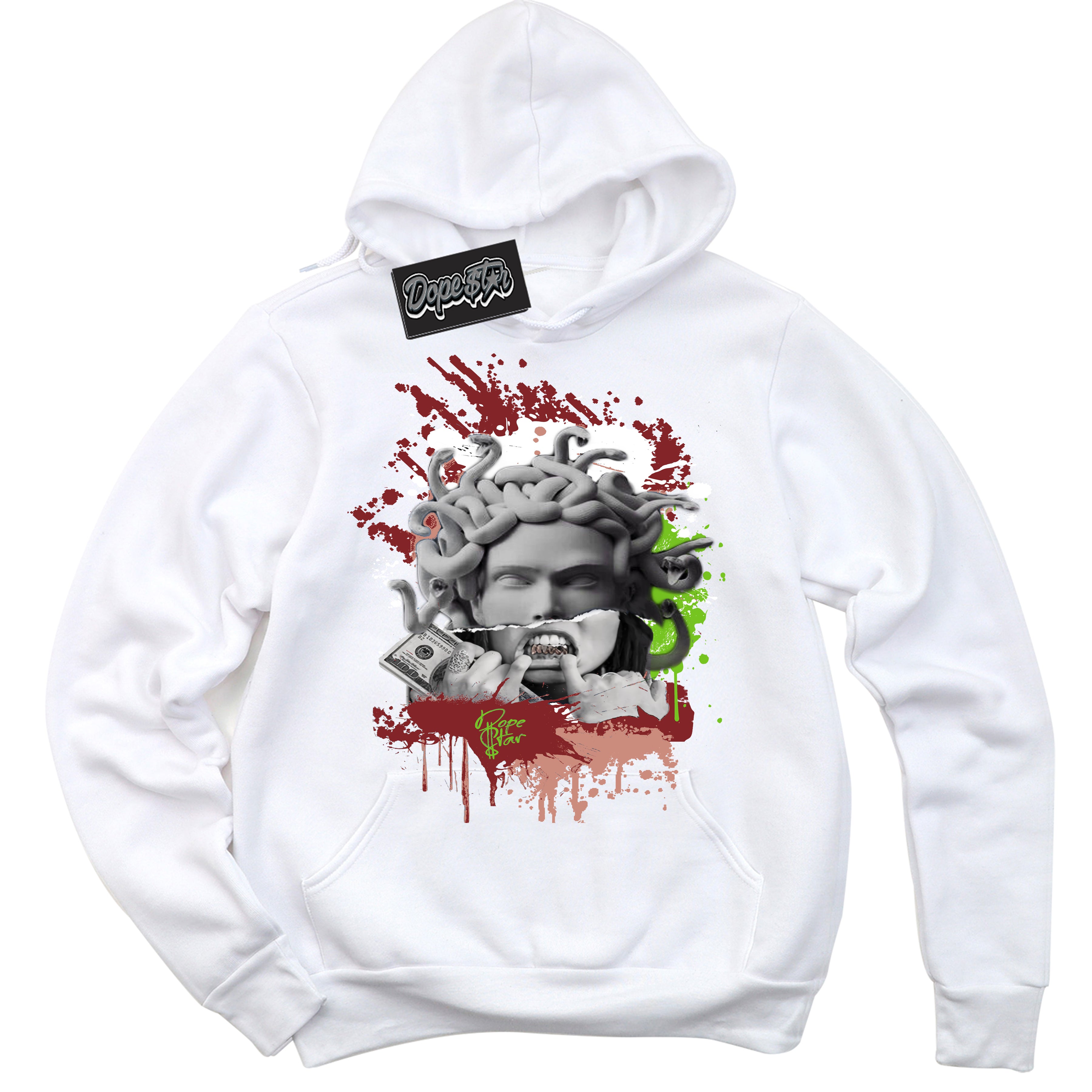 Cool White Hoodie with “Medusa” design that Perfectly Matches Dune Red 13s Jordans.