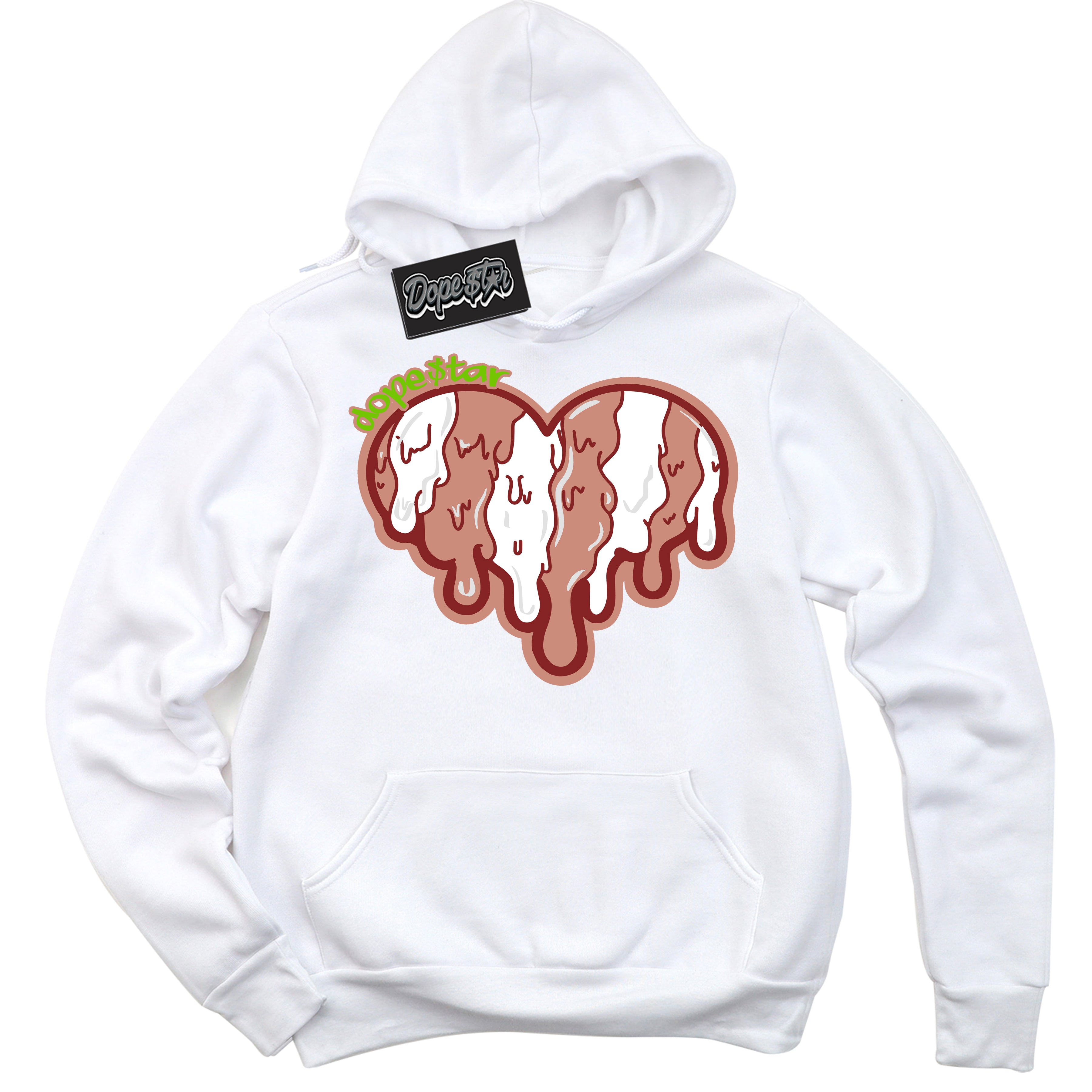 Cool White Hoodie with “Melting Heart” design that Perfectly Matches Dune Red 13s Jordans.