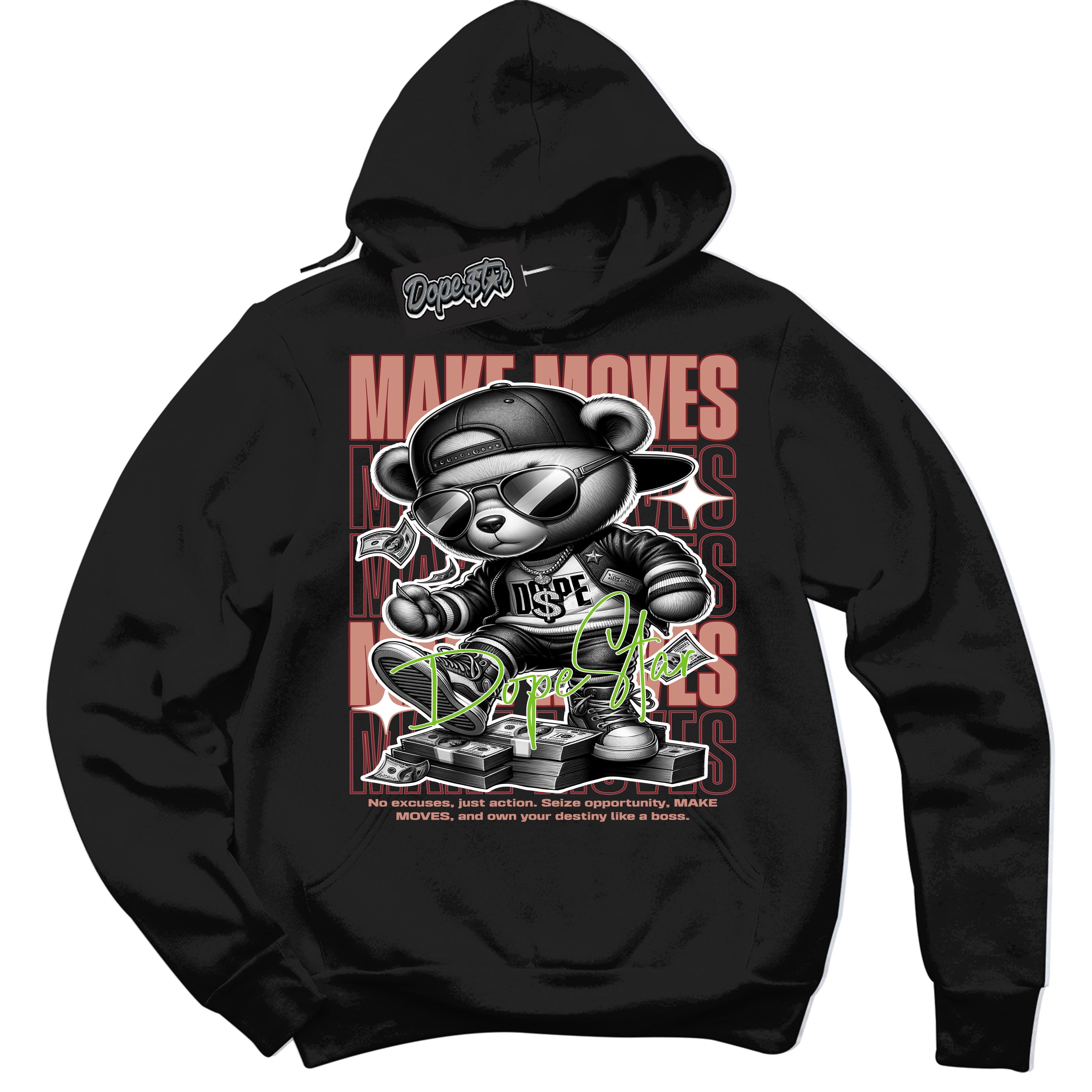 Cool Black Hoodie with “Make Moves” design that Perfectly Matches Dune Red 13s Jordans.