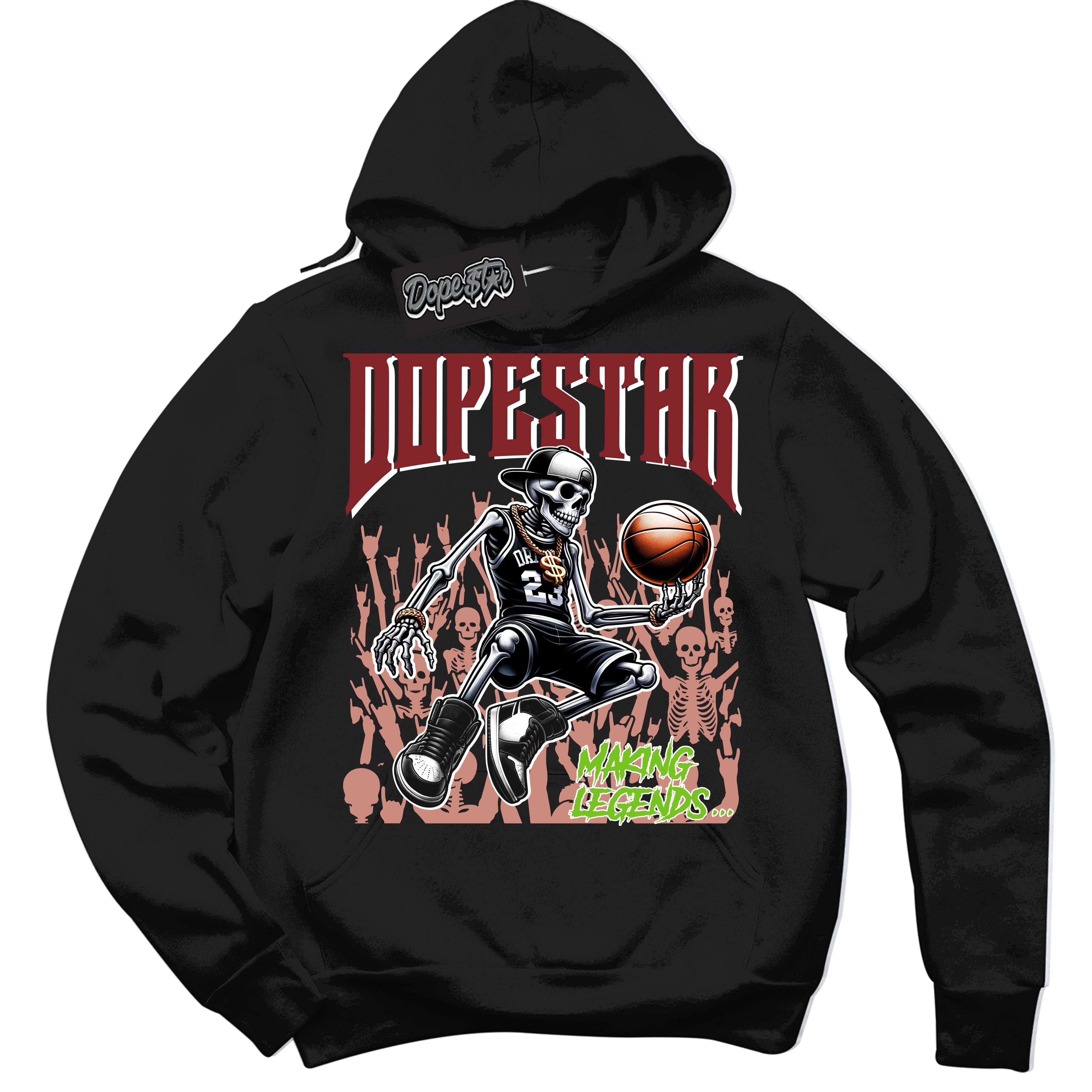 Cool Black Hoodie with “Making Legends” design that Perfectly Matches Dune Red 13s Jordans.