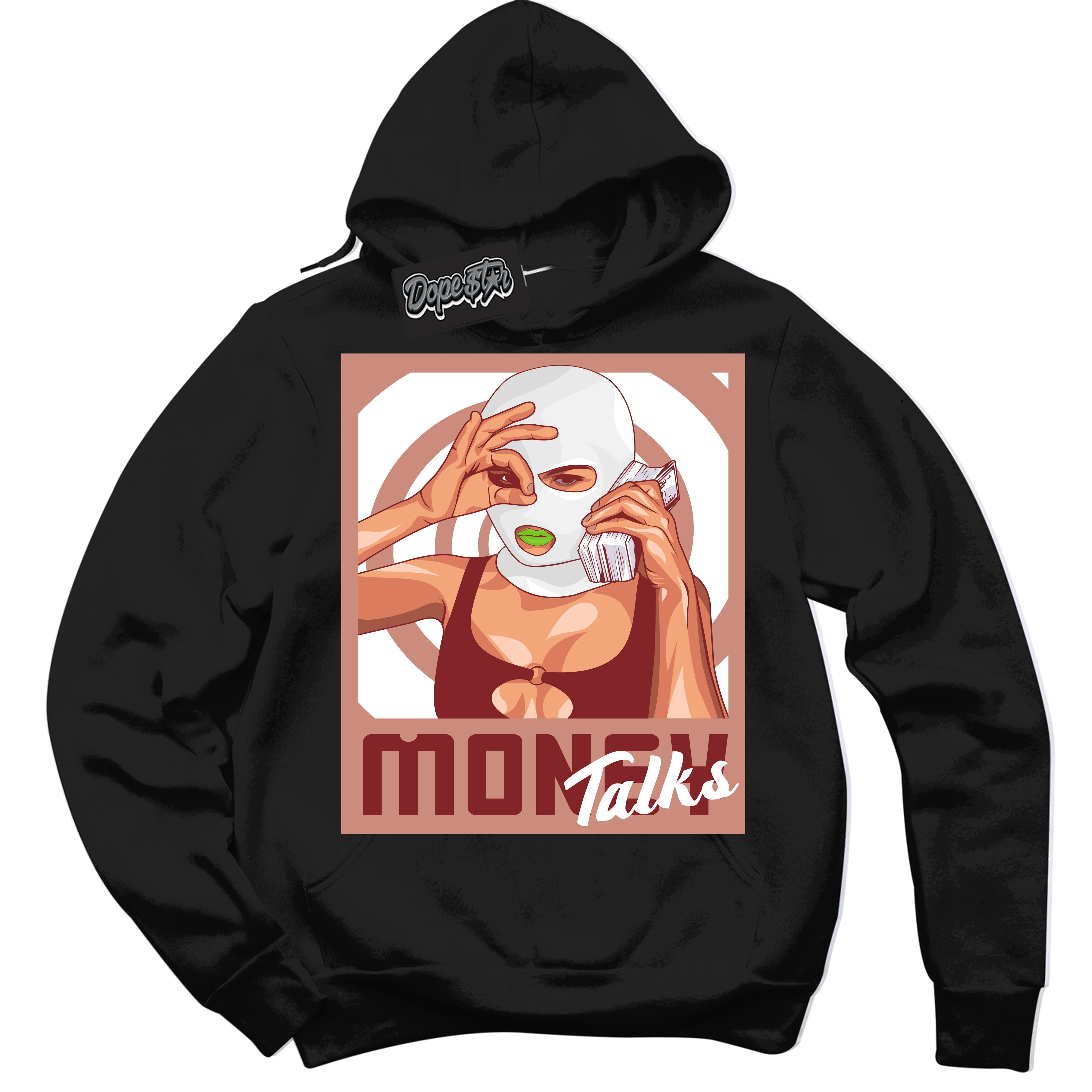 Cool Black Hoodie with “Money Talks” design that Perfectly Matches Dune Red 13s Jordans.