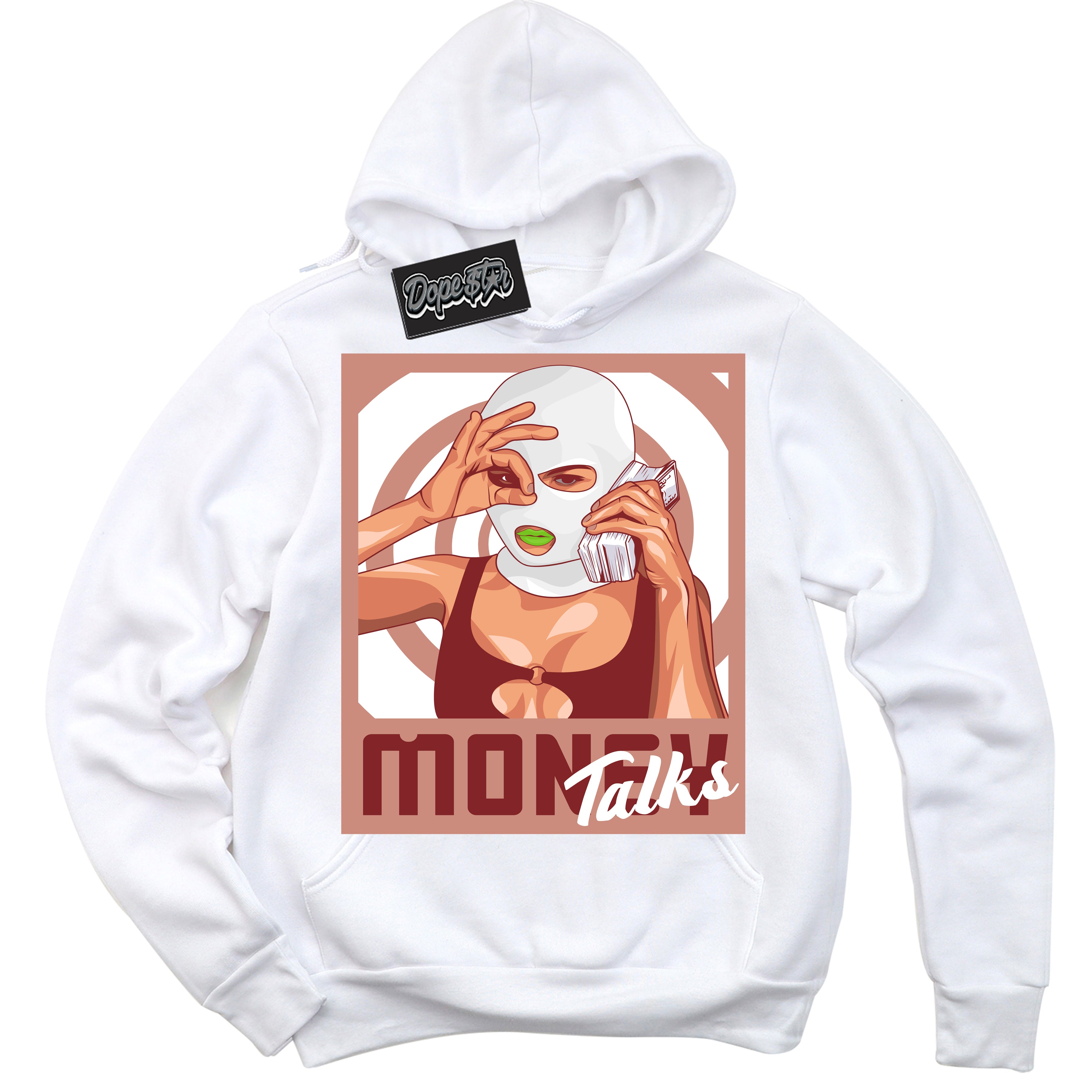 Cool White Hoodie with “Money Talks” design that Perfectly Matches Dune Red 13s Jordans.