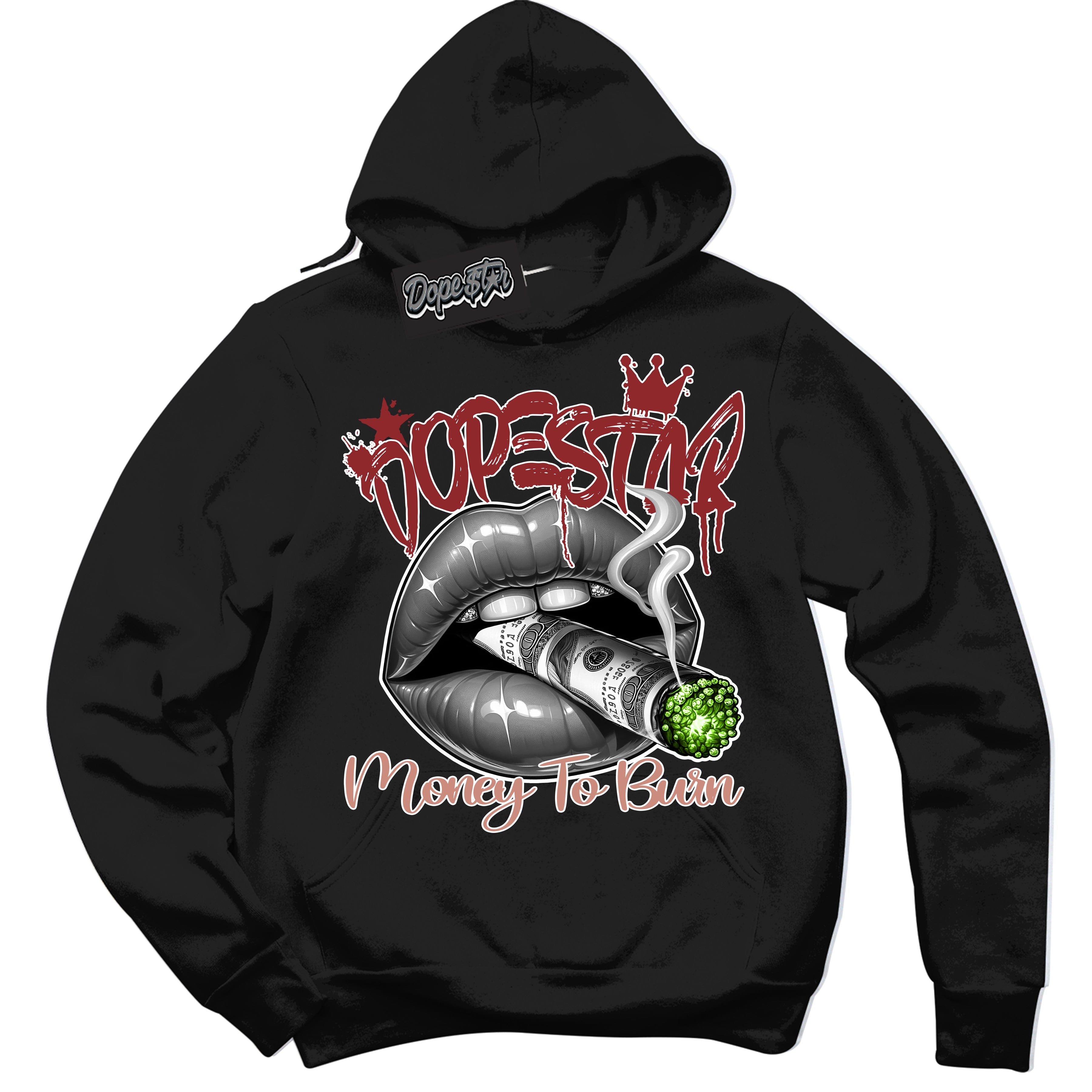 Cool Black Hoodie with “Money To Burn” design that Perfectly Matches Dune Red 13s Jordans.