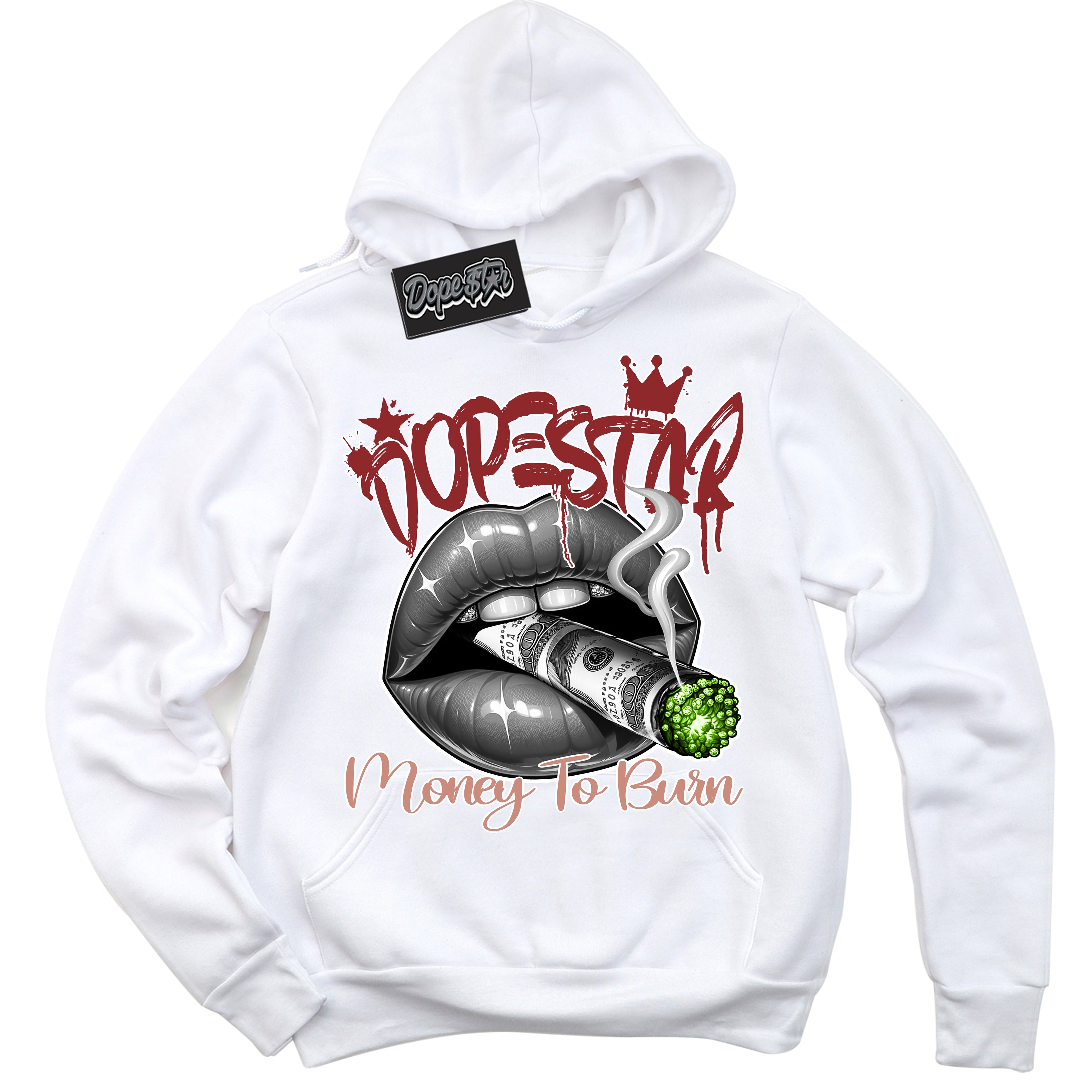 Cool White Hoodie with “Money To Burn” design that Perfectly Matches Dune Red 13s Jordans.