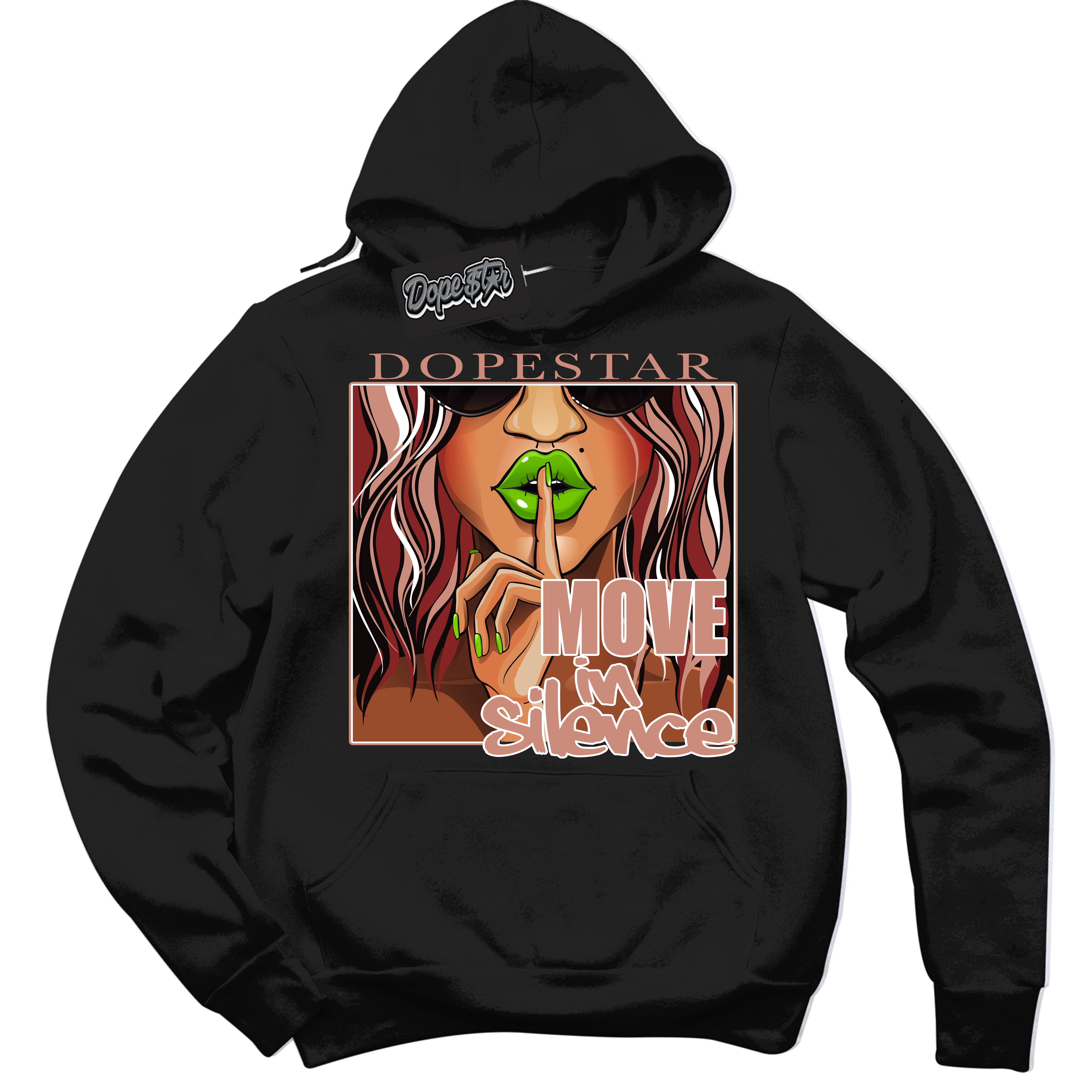 Cool Black Hoodie with “Move In Silence” design that Perfectly Matches Dune Red 13s Jordans.