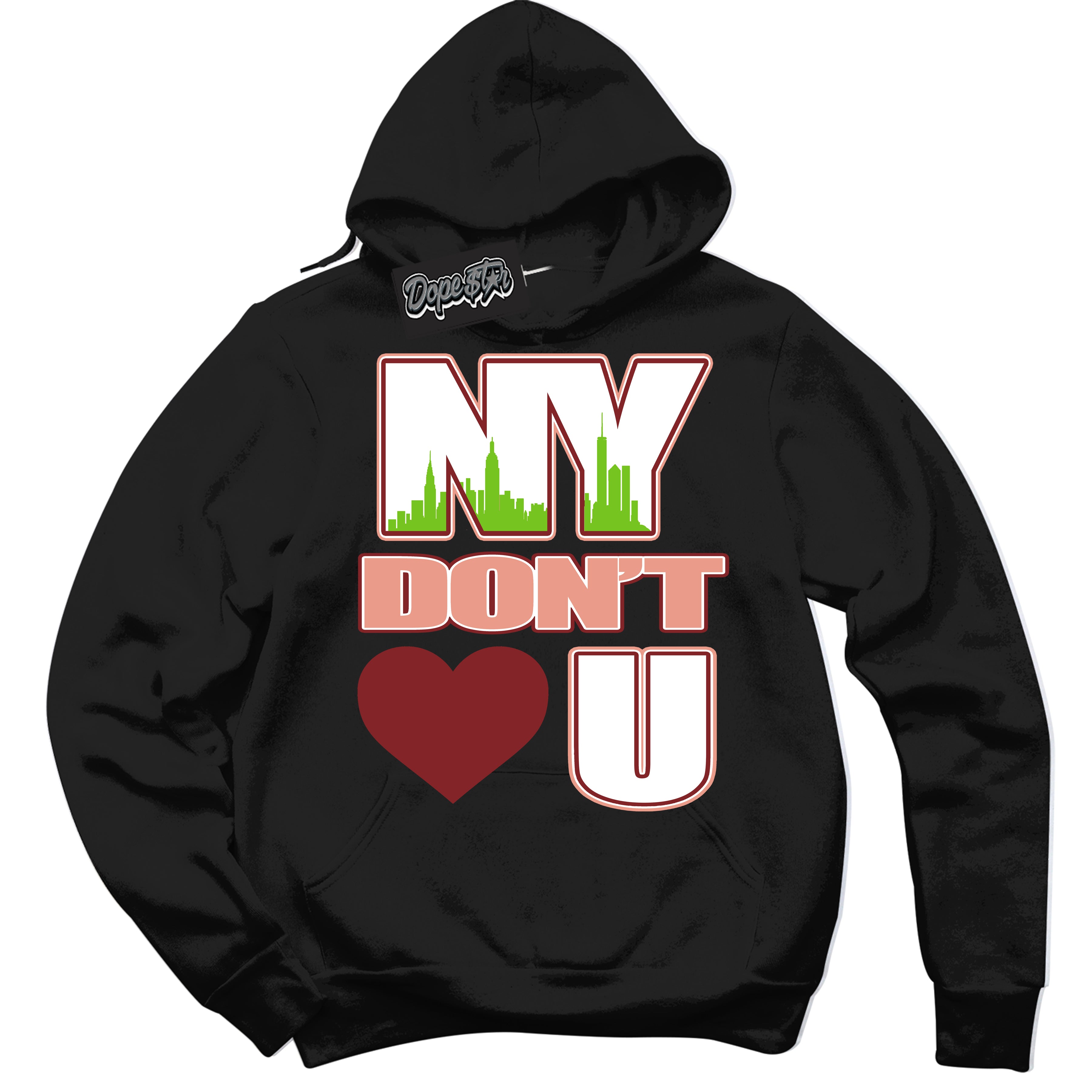 Cool Black Hoodie with “NY Don't Love You” design that Perfectly Matches Dune Red 13s Jordans.