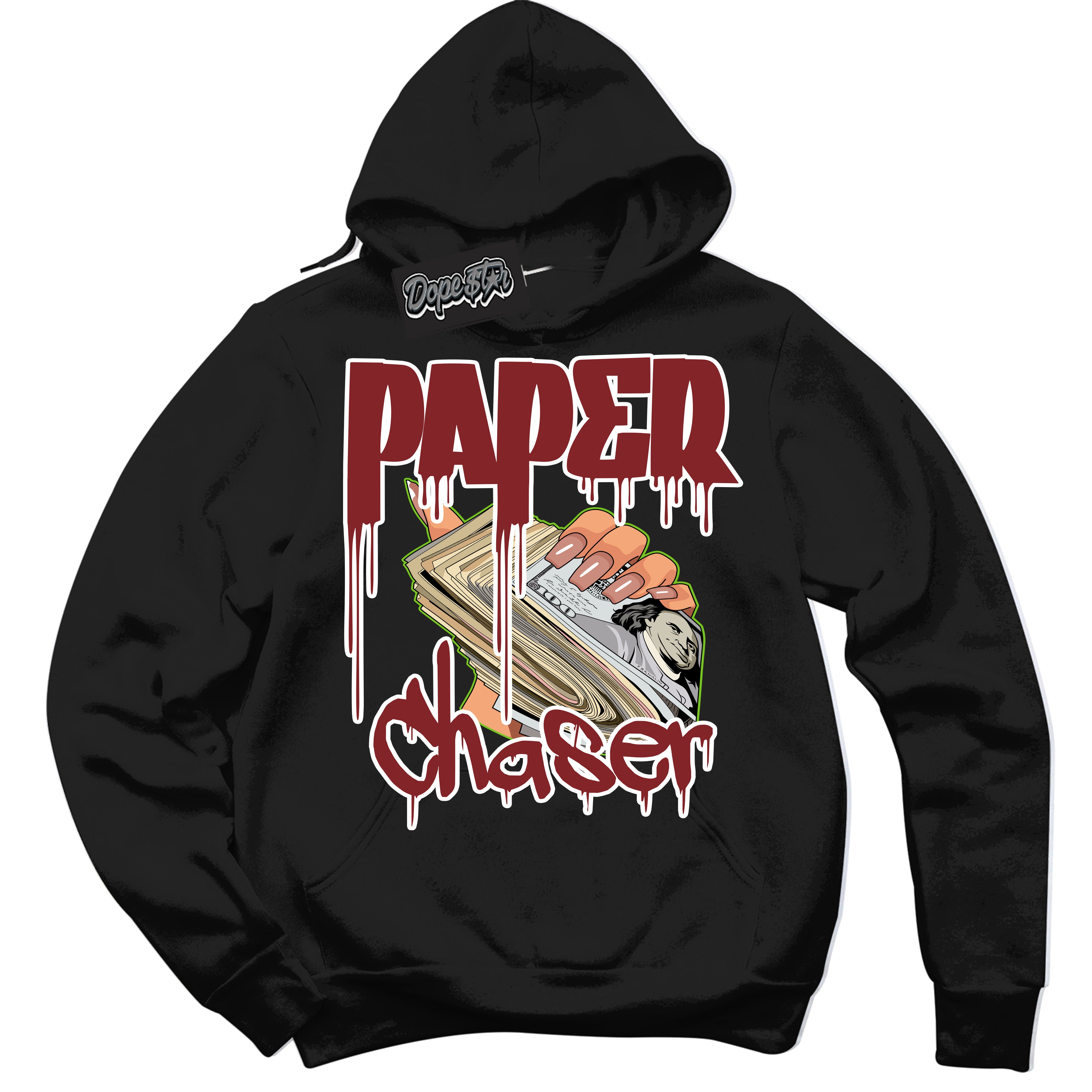 Cool Black Hoodie with “Paper Chaser” design that Perfectly Matches Dune Red 13s Jordans.