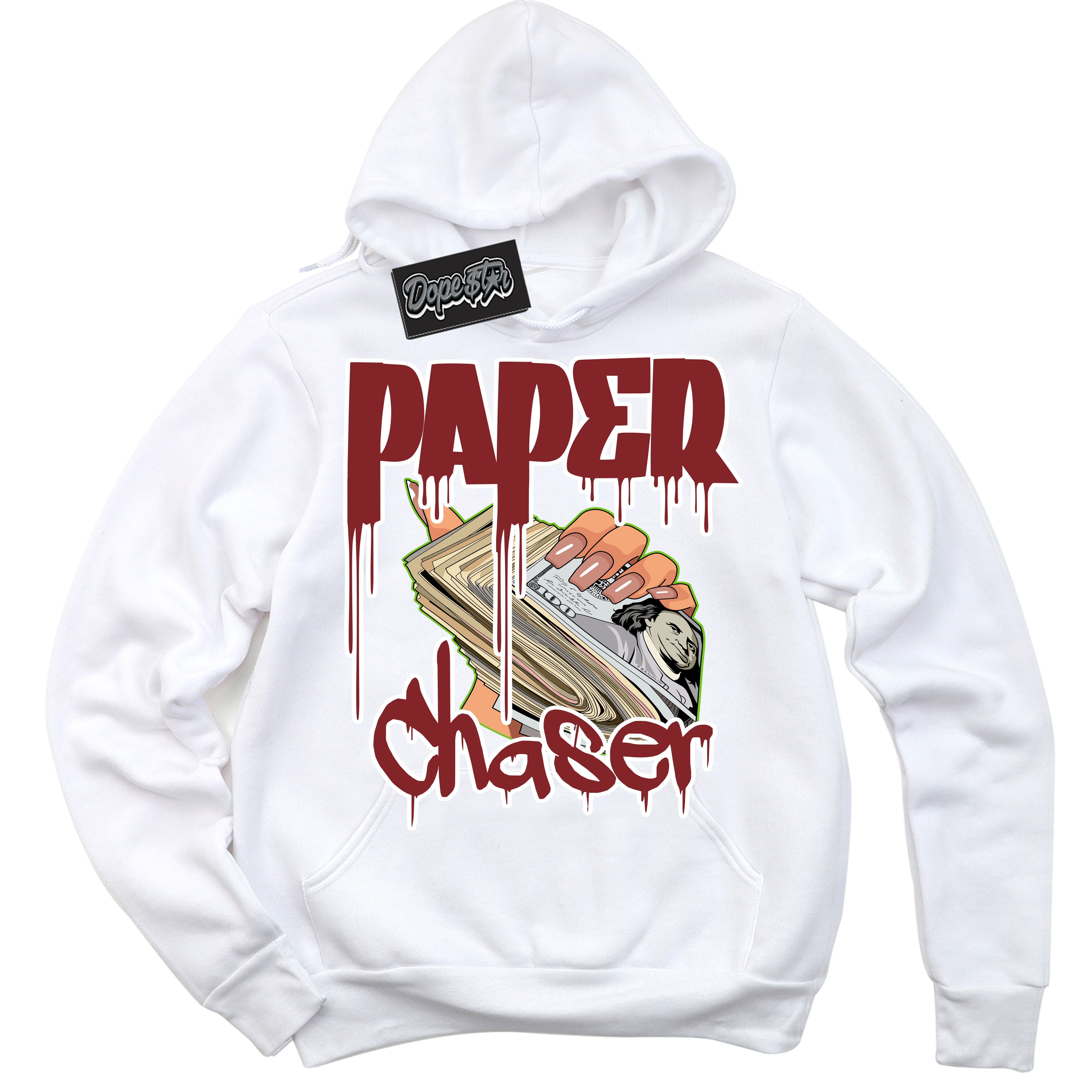 Cool White Hoodie with “Paper Chaser” design that Perfectly Matches Dune Red 13s Jordans.