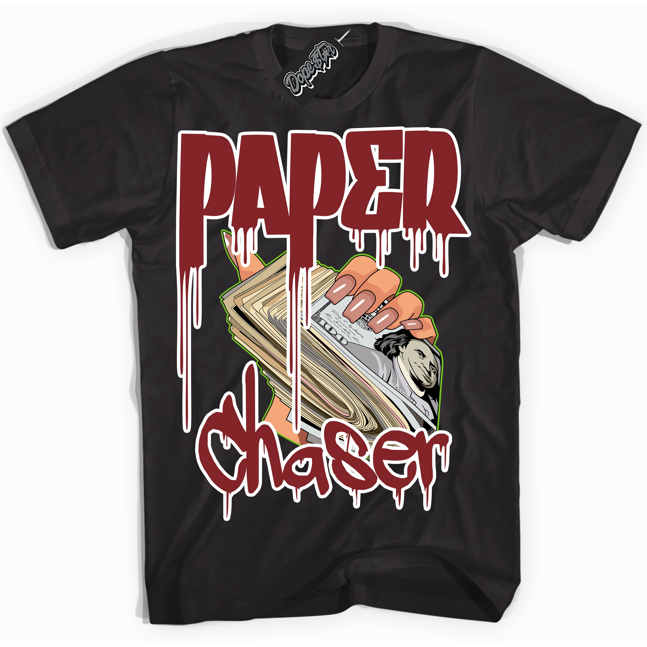 Cool Black Shirt with “Paper Chaser” design that perfectly matches the Dune Red 13s Jordans.