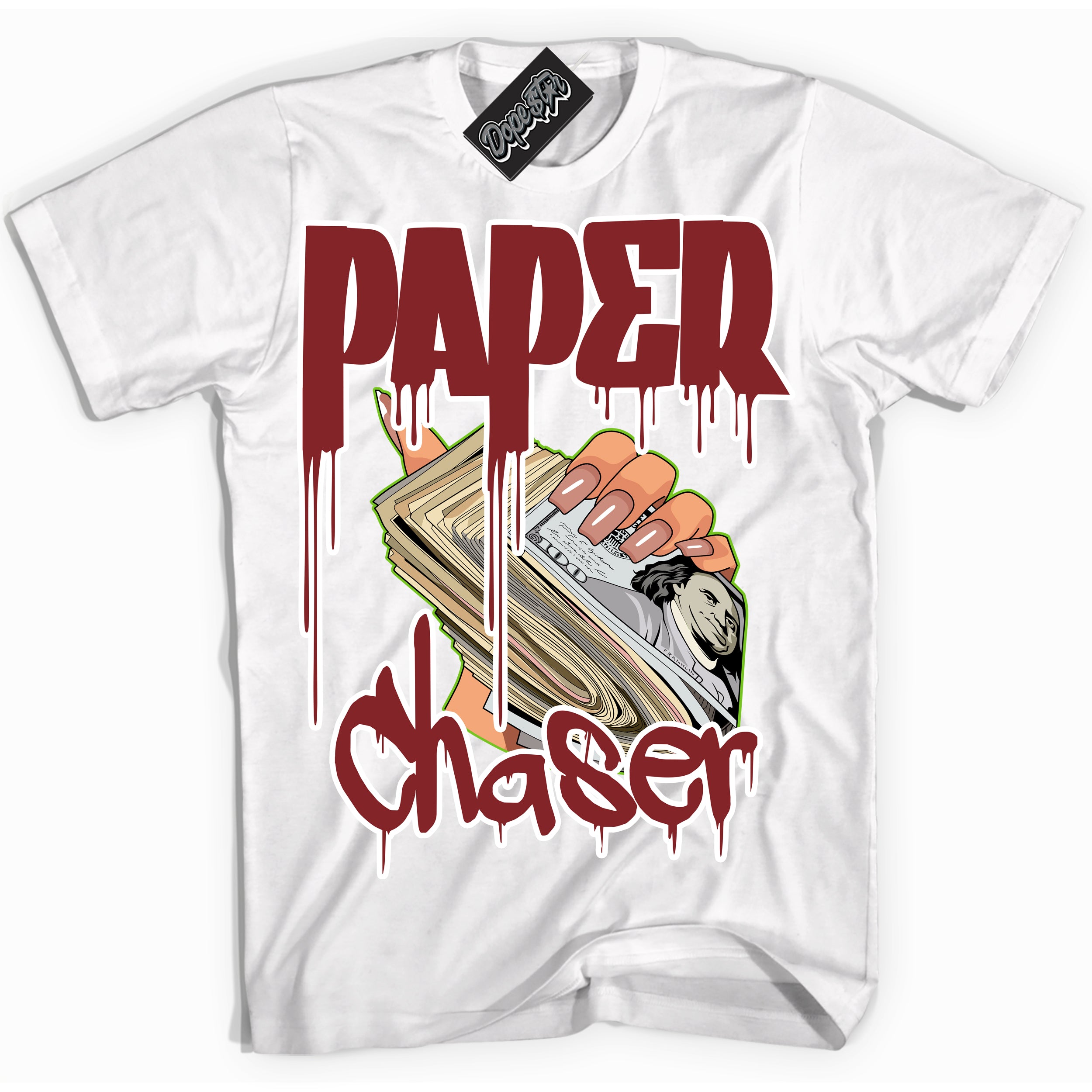 Cool White Shirt with “Paper Chaser” design that perfectly matches the Dune Red 13s Jordans.