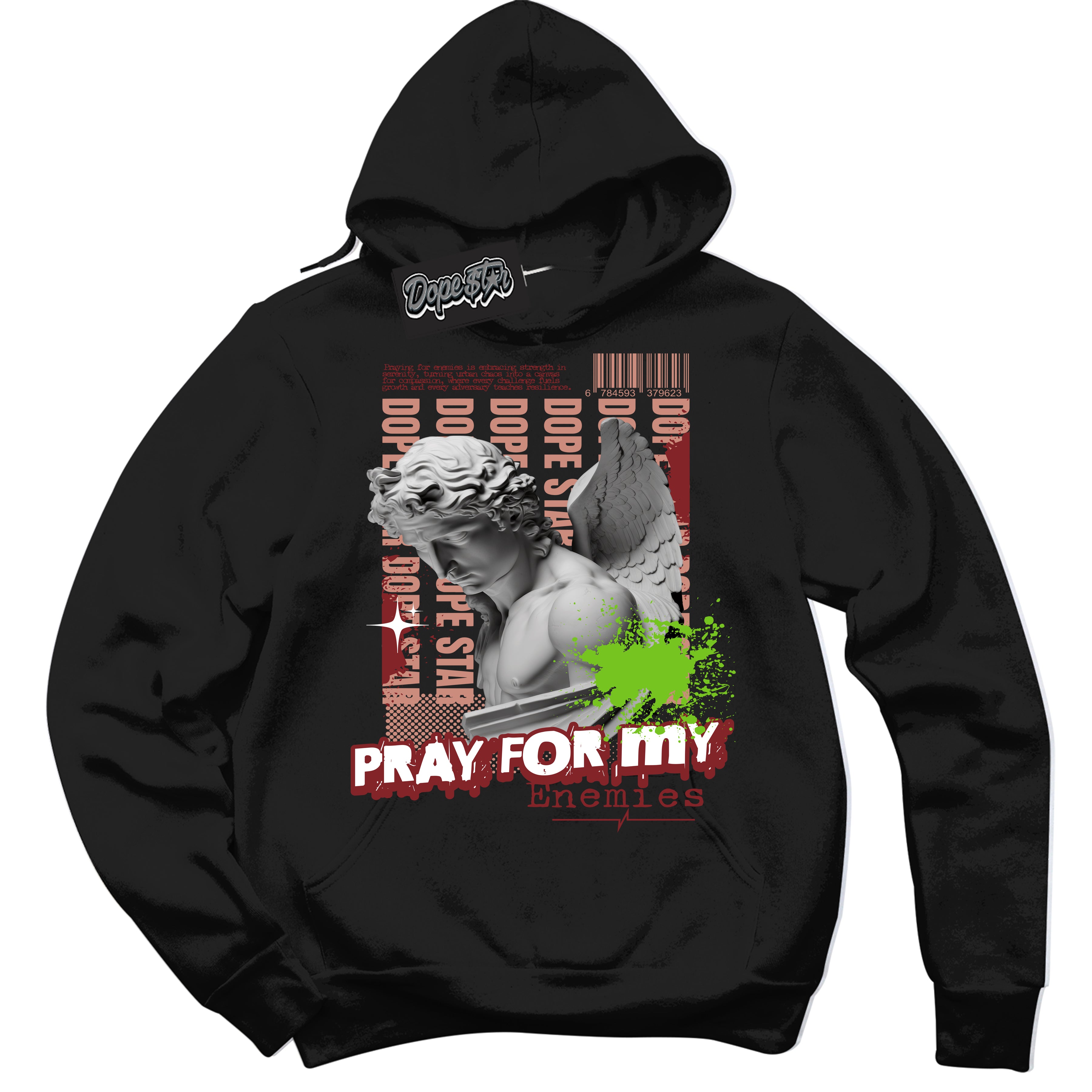 Cool Black Hoodie with “Pray Enemies” design that Perfectly Matches Dune Red 13s Jordans.