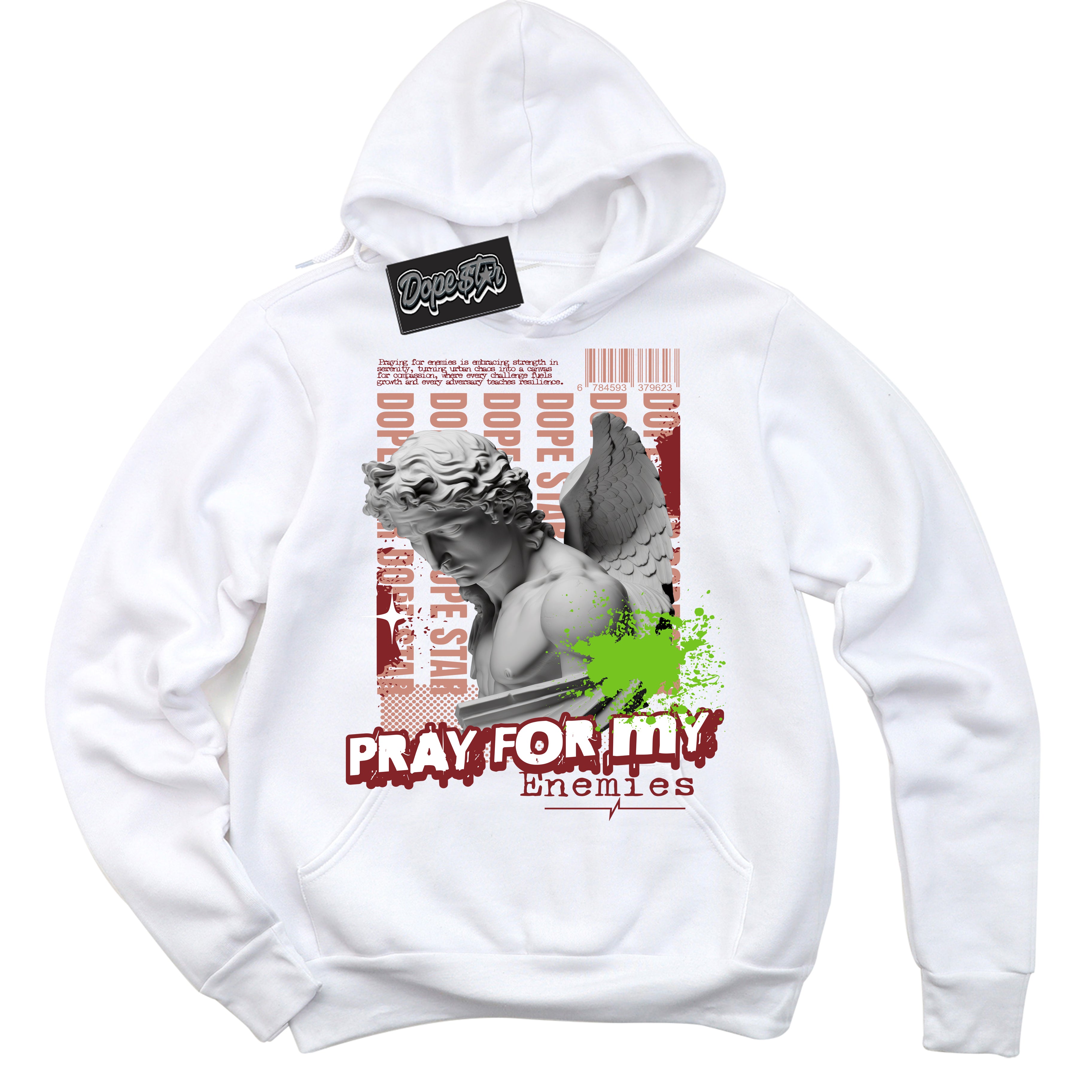 Cool White Hoodie with “Pray Enemies” design that Perfectly Matches Dune Red 13s Jordans.