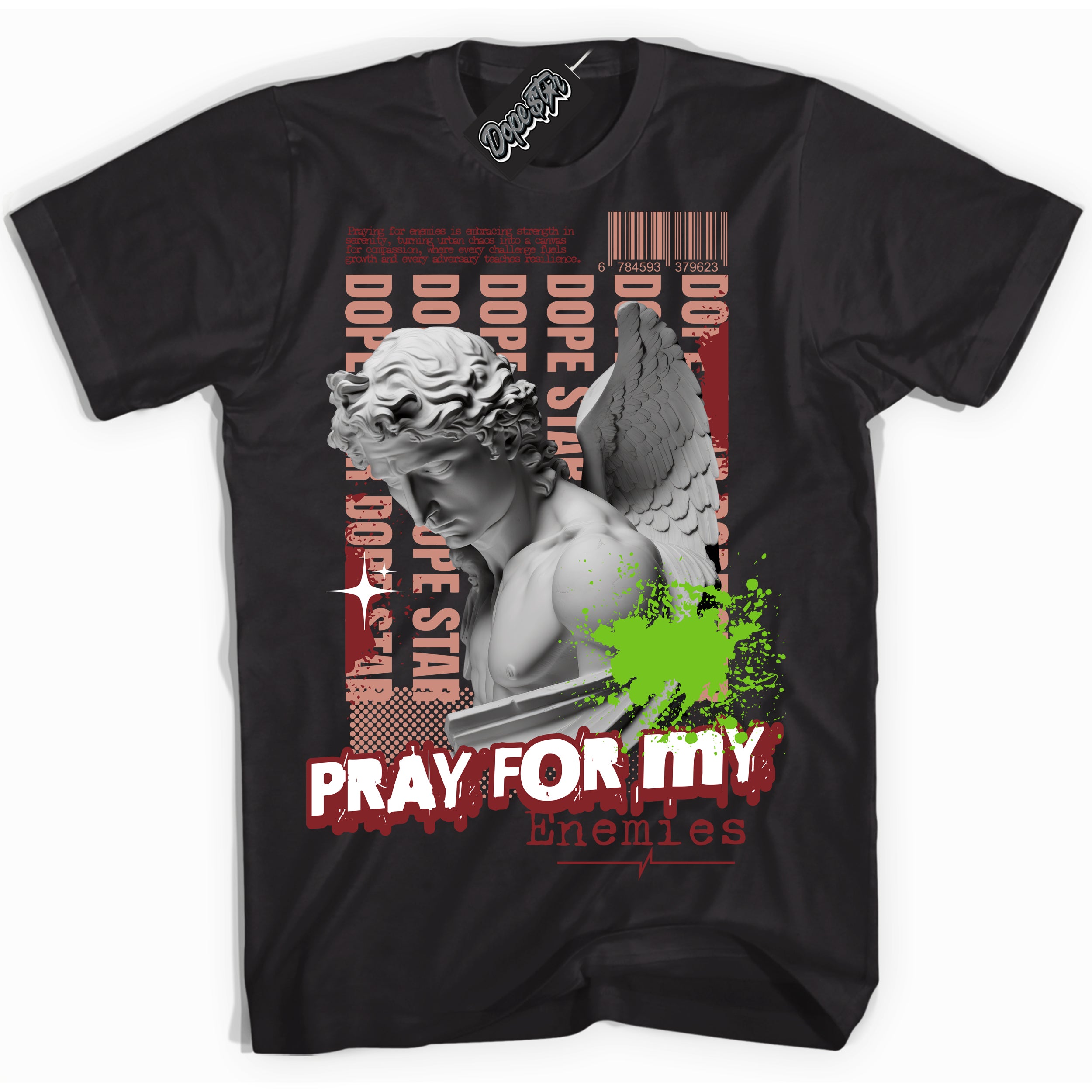 Cool Black Shirt with “Pray Enemies” design that perfectly matches the Dune Red 13s Jordans.