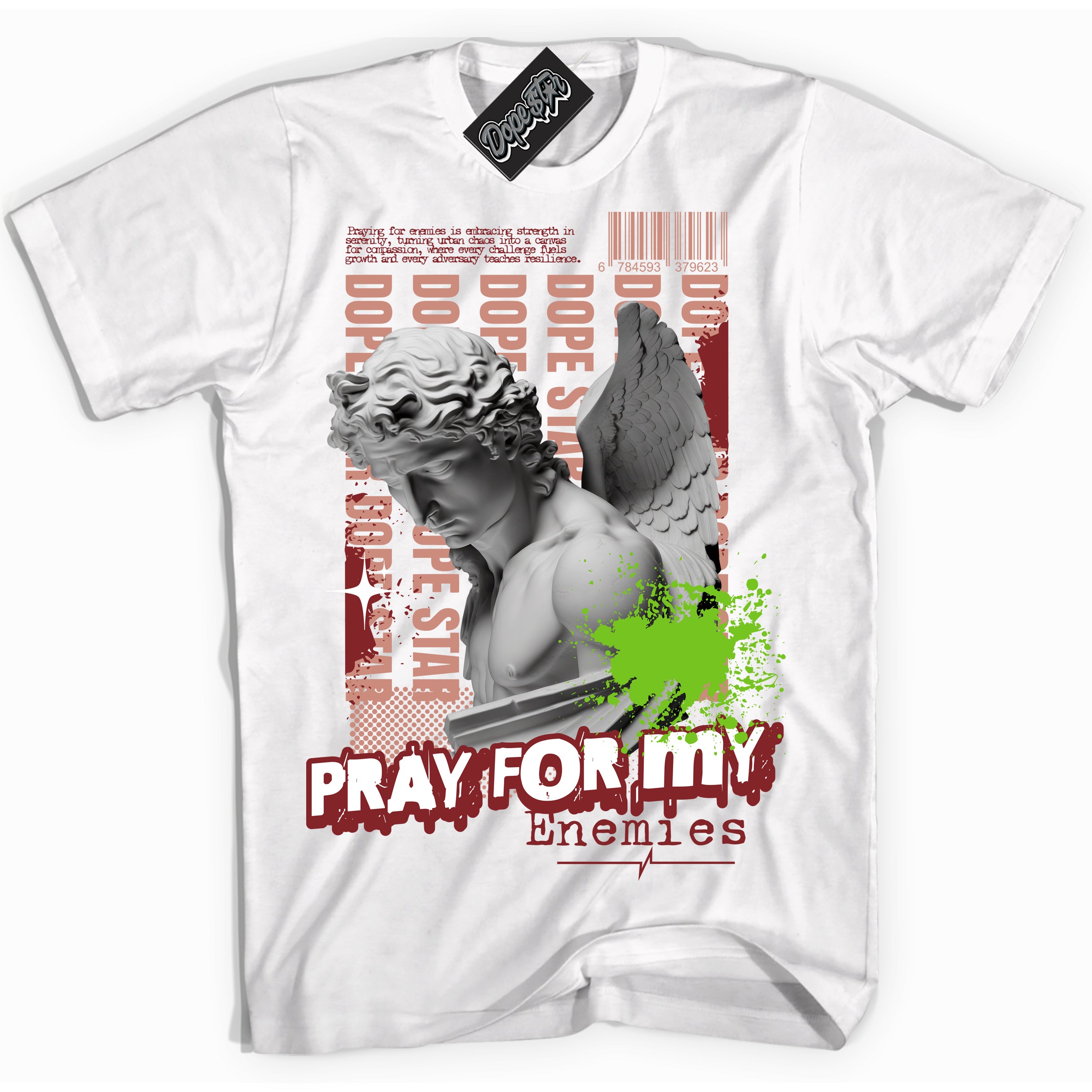 Cool White Shirt with “Pray Enemies” design that perfectly matches the Dune Red 13s Jordans.