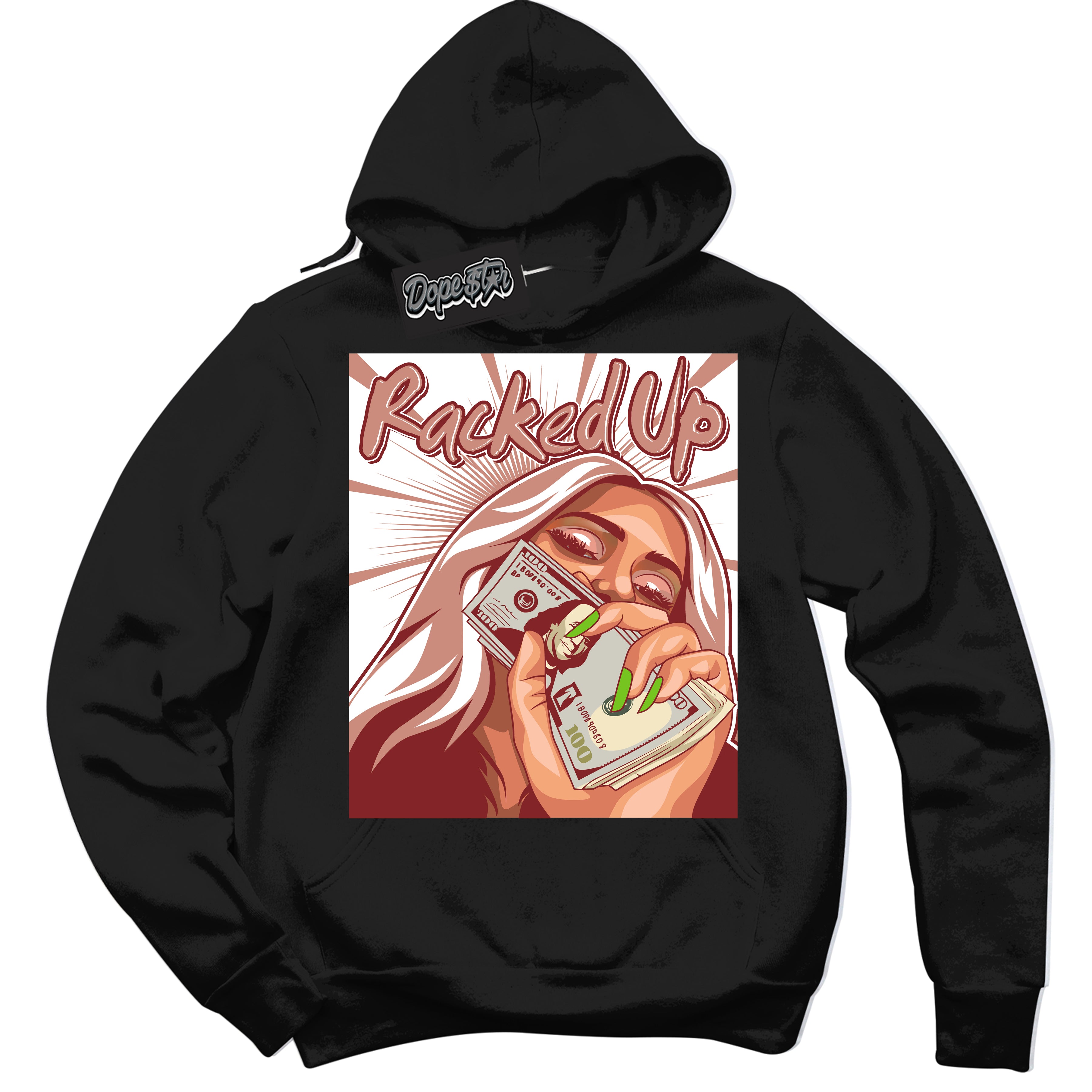 Cool Black Hoodie with “Racked Up” design that Perfectly Matches Dune Red 13s Jordans.