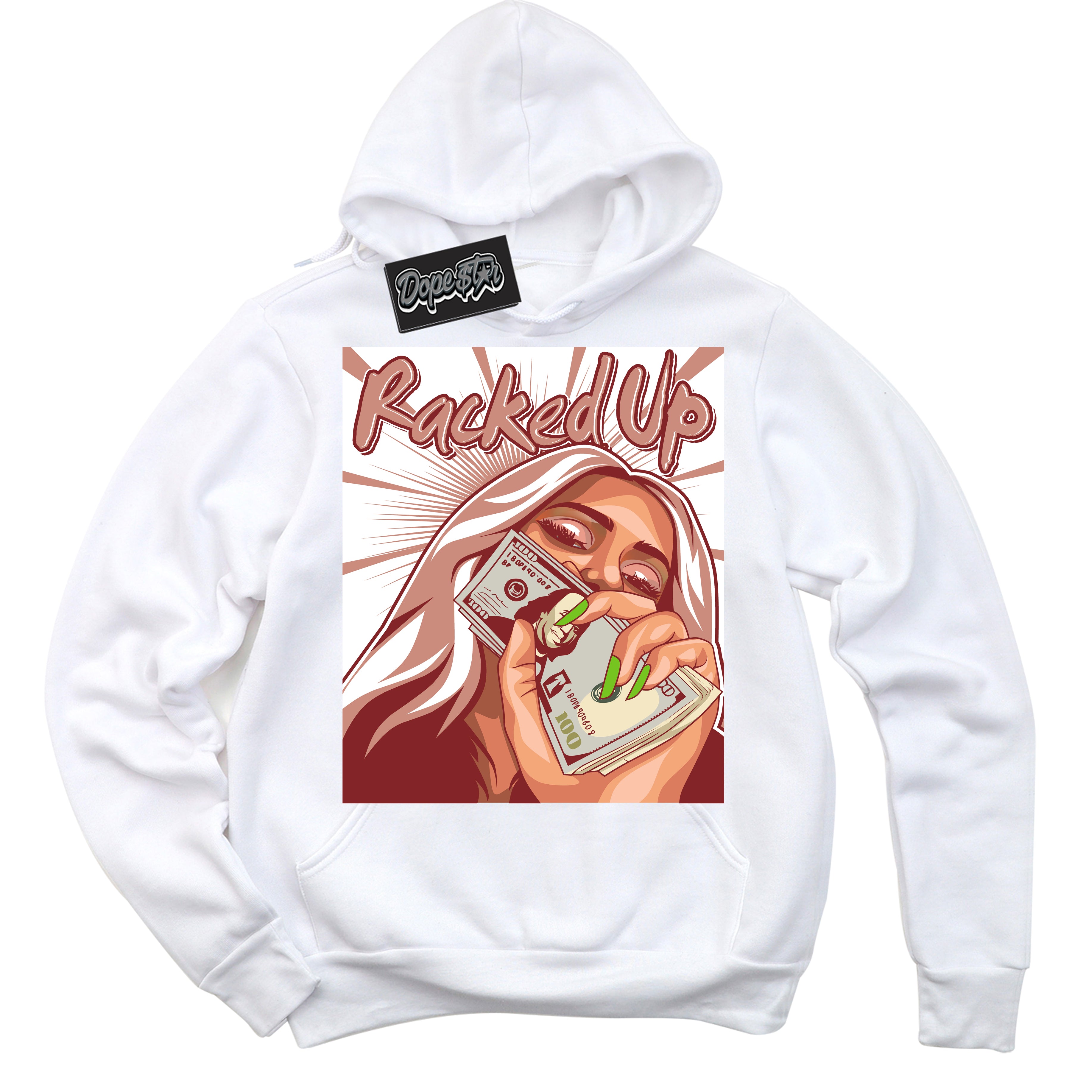 Cool White Hoodie with “Racked Up” design that Perfectly Matches Dune Red 13s Jordans.