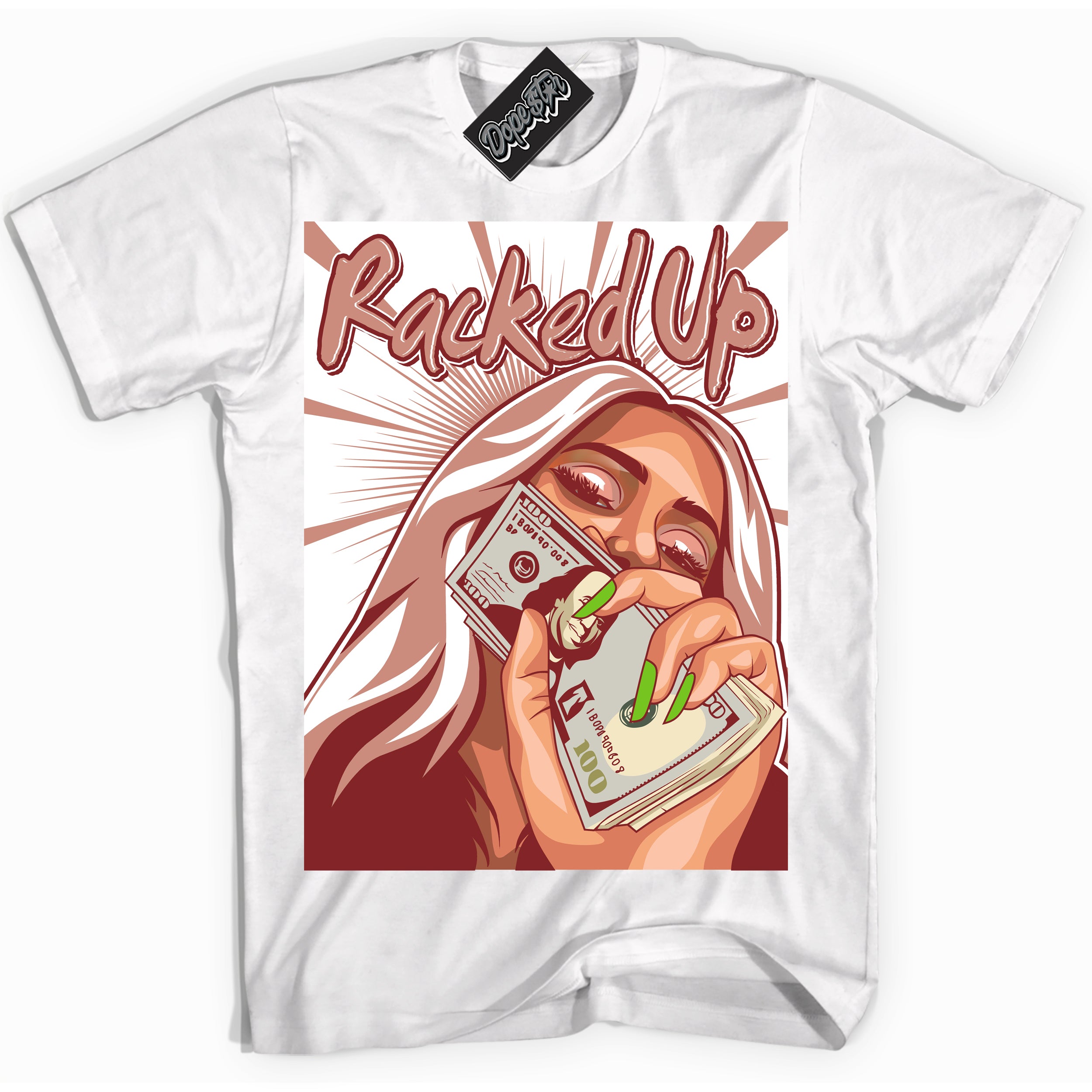 Cool White Shirt with “Racked Up” design that perfectly matches the Dune Red 13s Jordans.