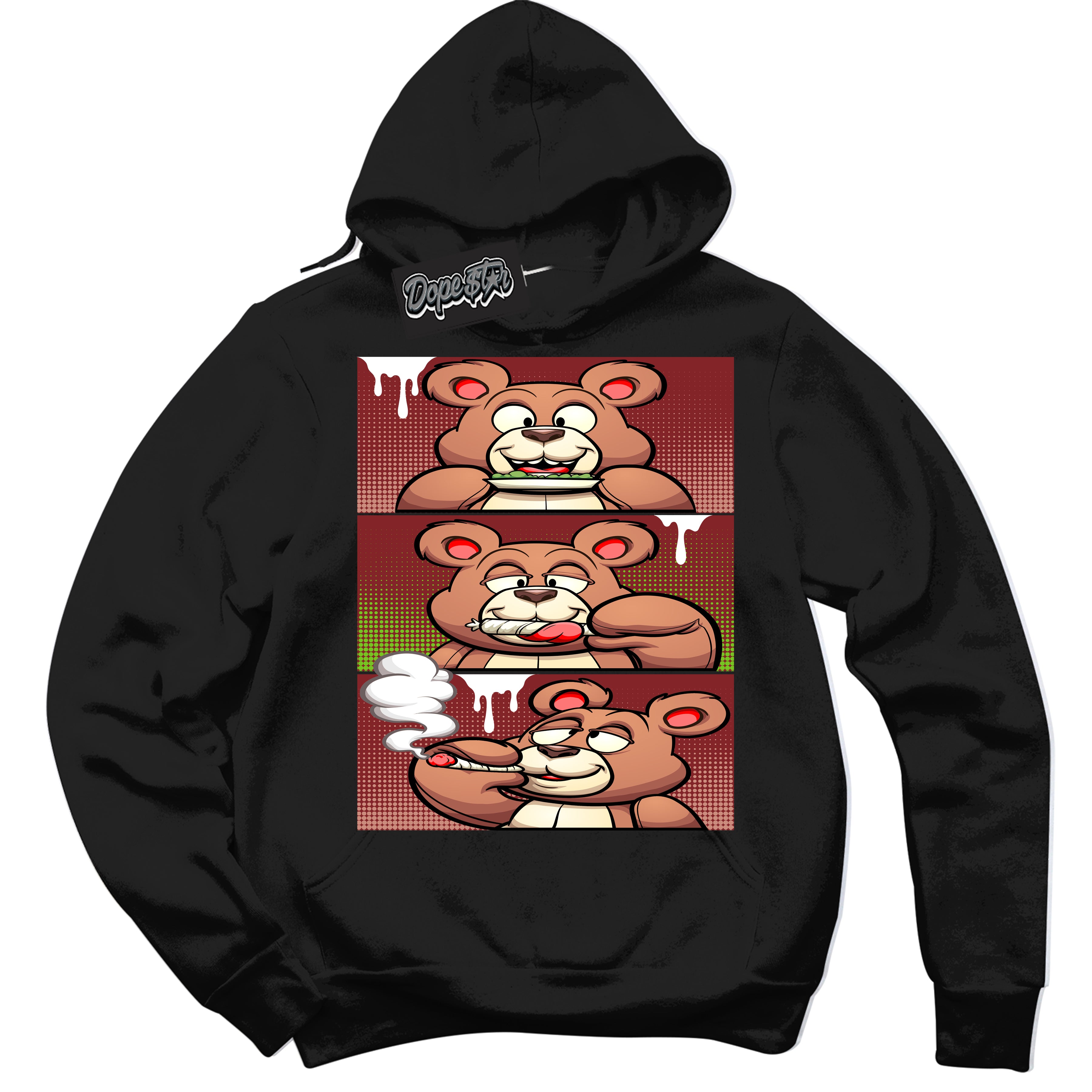 Cool Black Hoodie with “Roll It Lick It Smoke It Bear” design that Perfectly Matches Dune Red 13s Jordans.