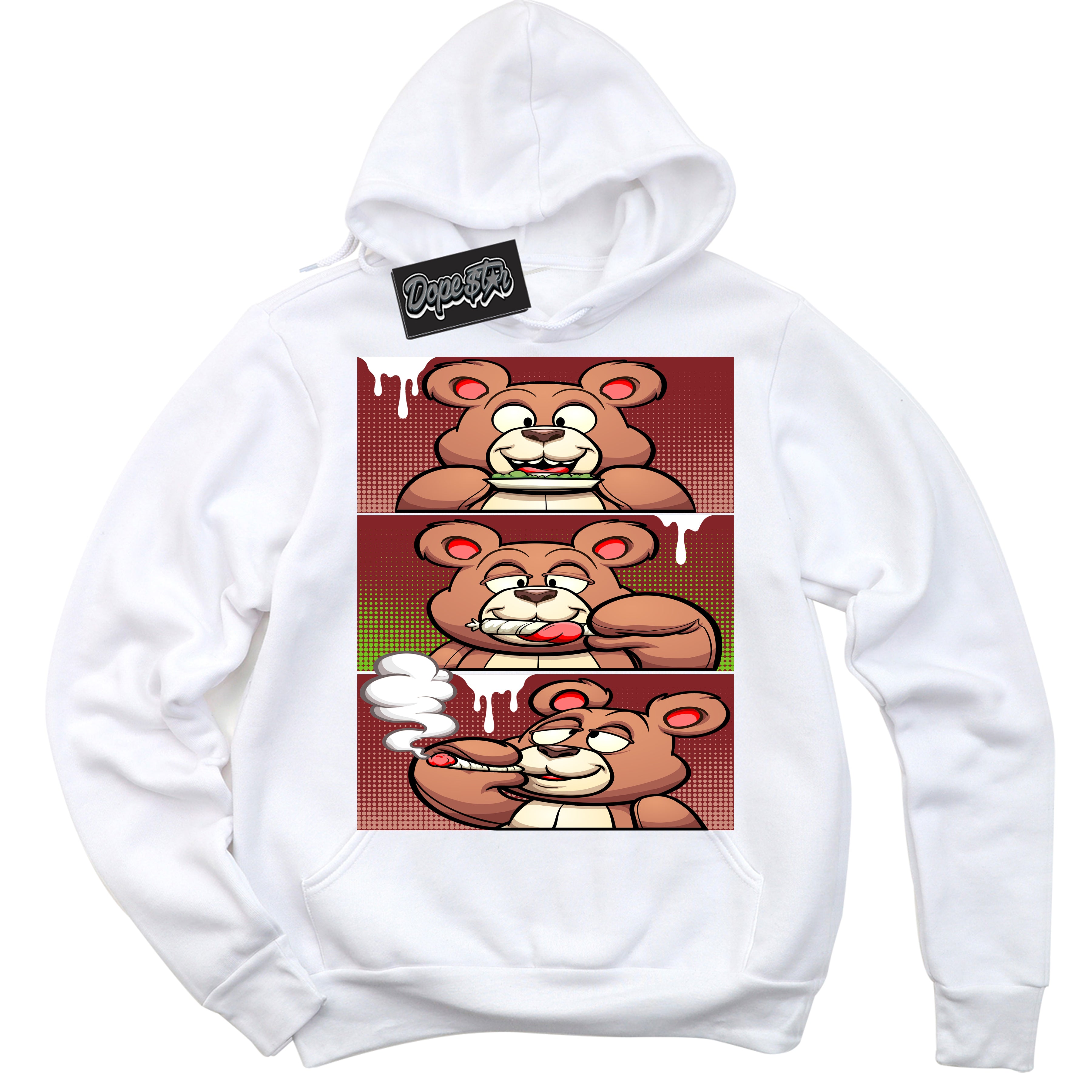 Cool White Hoodie with “Roll It Lick It Smoke It Bear” design that Perfectly Matches Dune Red 13s Jordans.