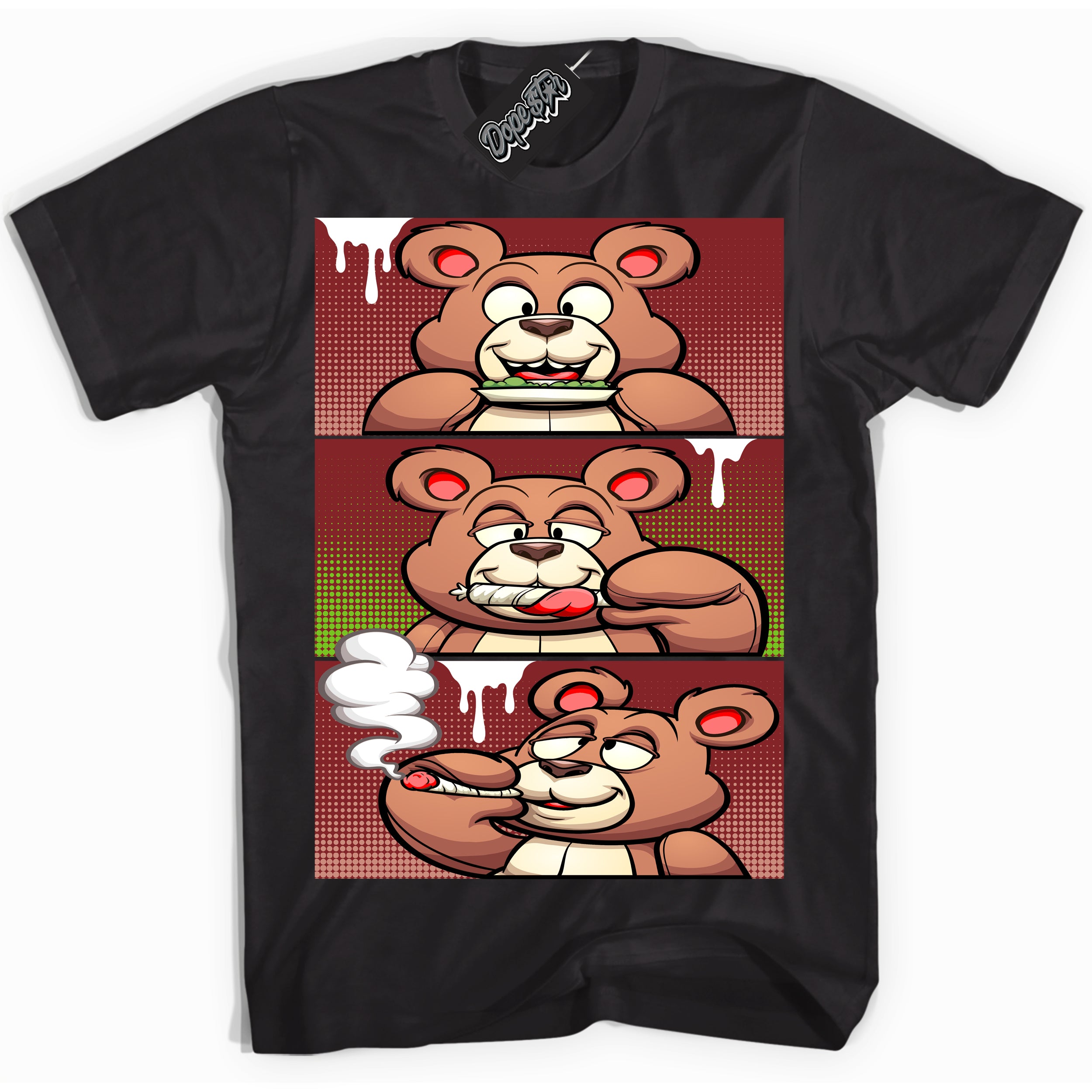 Cool Black Shirt with “Roll It Lick It Smoke It Bear” design that perfectly matches the Dune Red 13s Jordans.