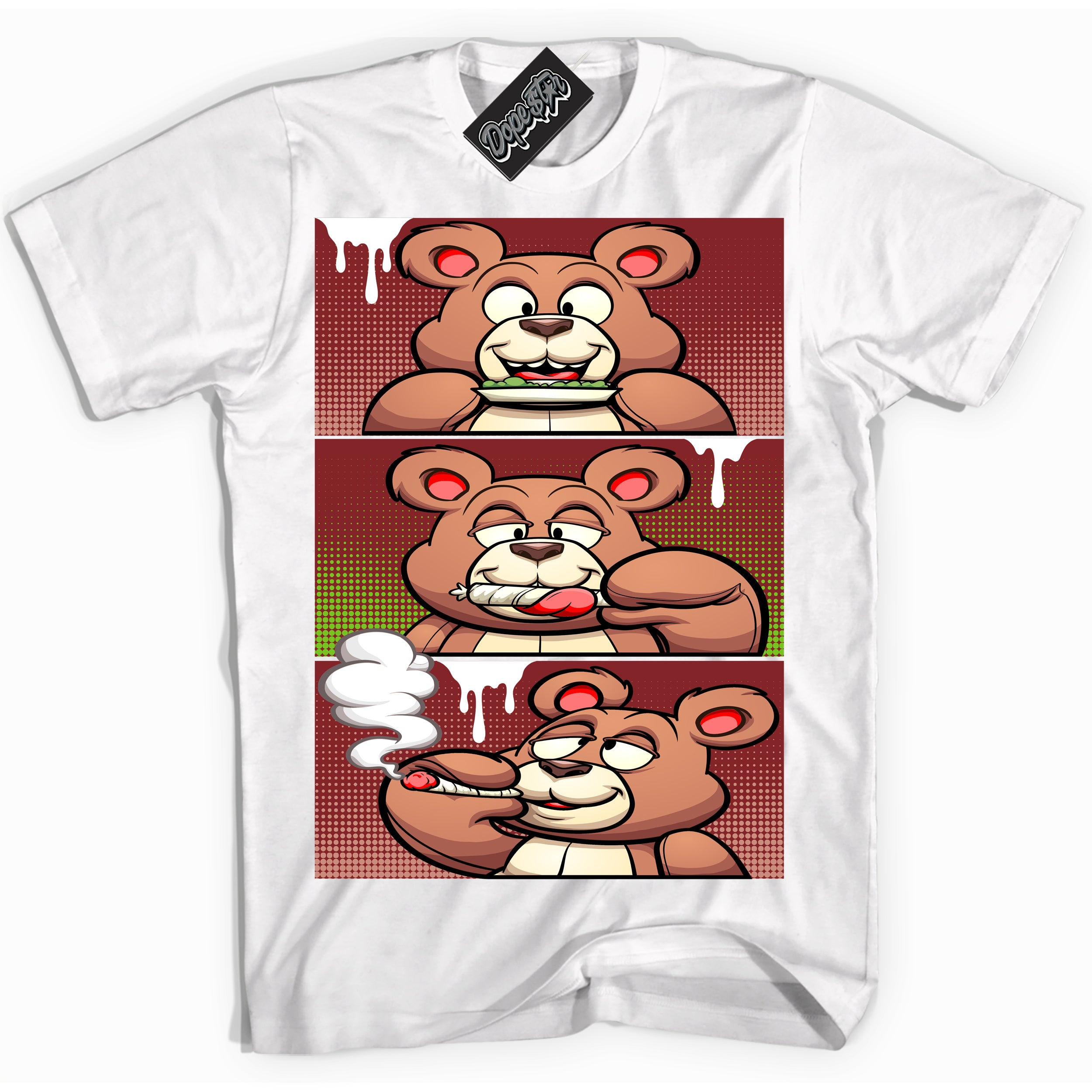 Cool White Shirt with “Roll It Lick It Smoke It Bear” design that perfectly matches the Dune Red 13s Jordans.