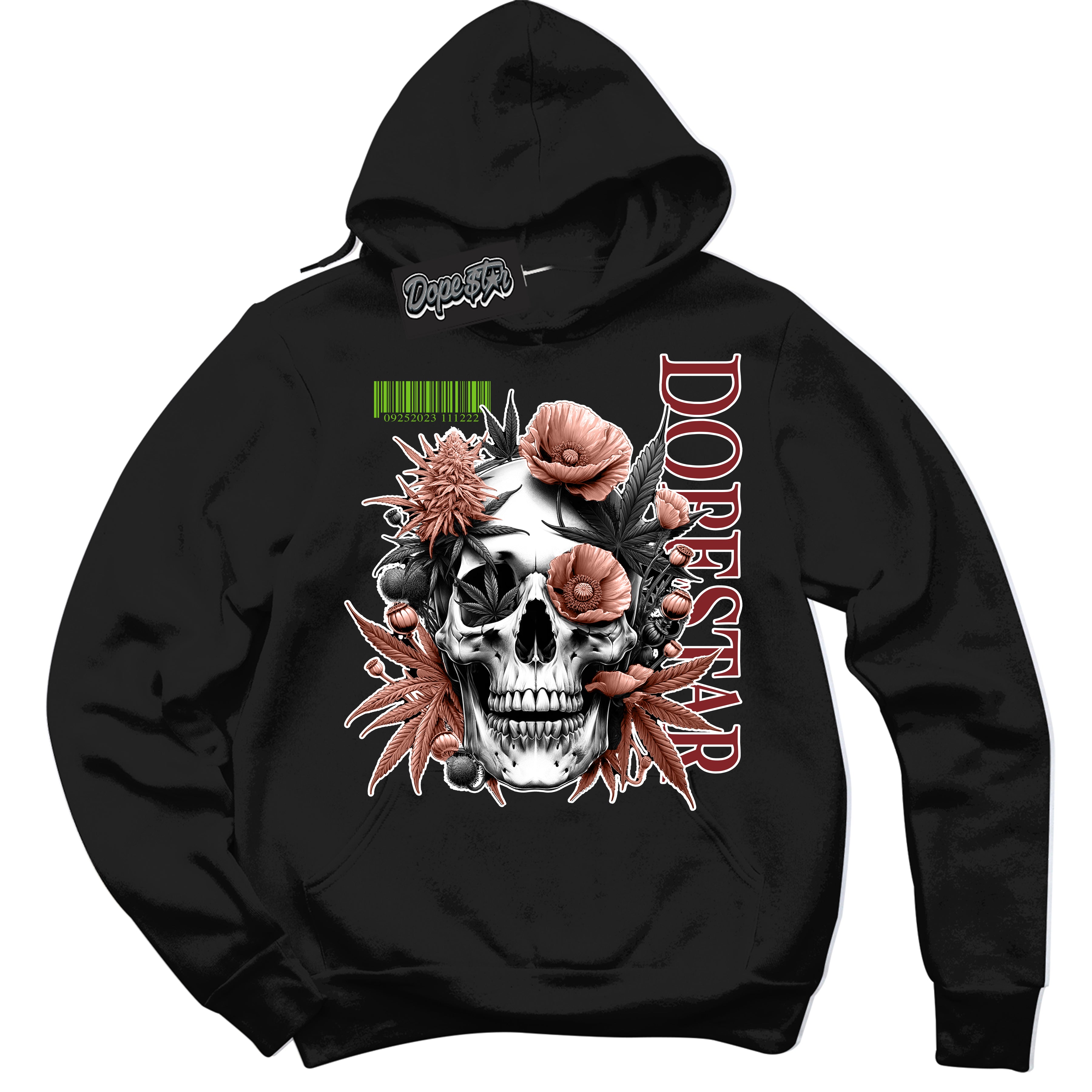 Cool Black Hoodie with “Skull Poppies” design that Perfectly Matches Dune Red 13s Jordans.