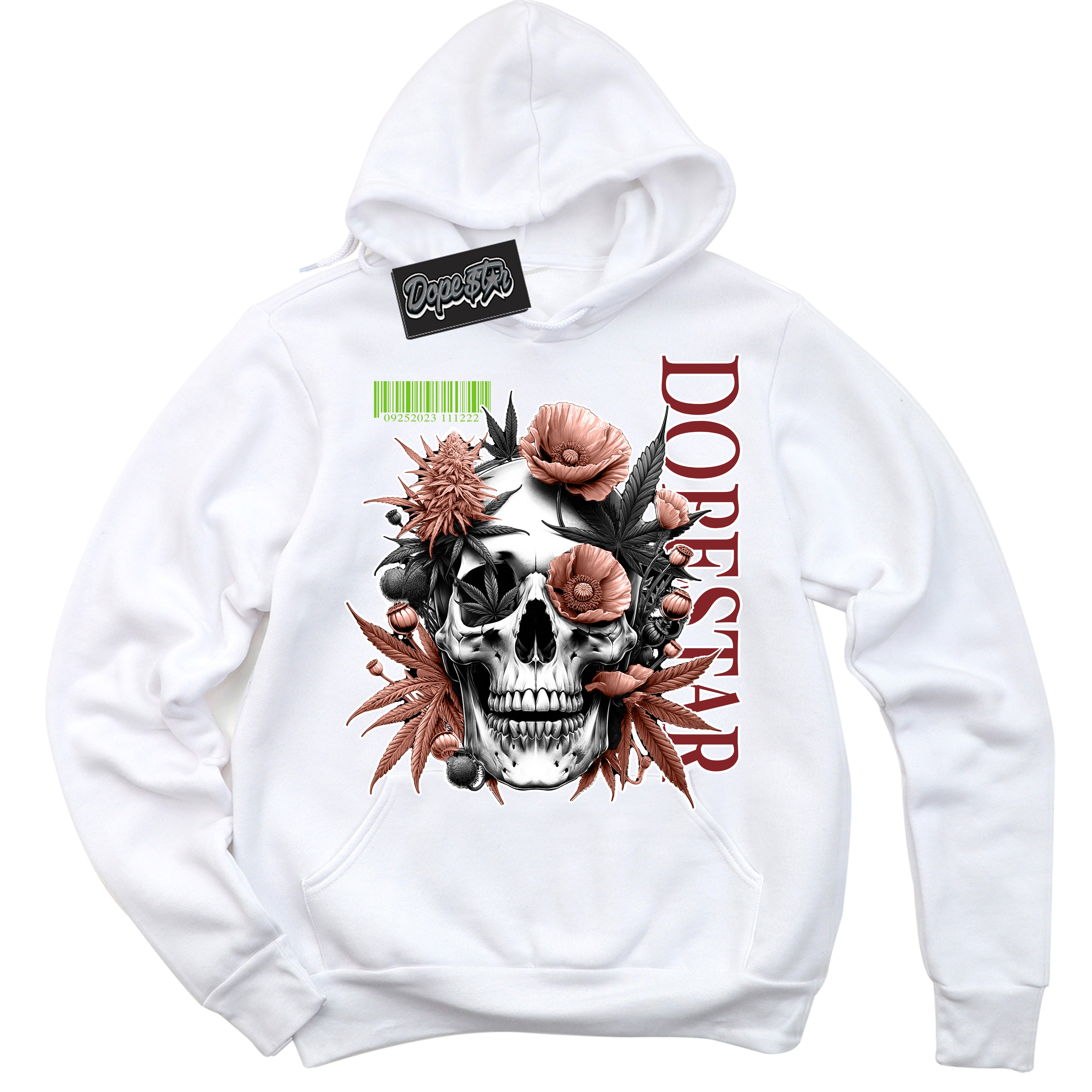 Cool White Hoodie with “Skull Poppies” design that Perfectly Matches Dune Red 13s Jordans.