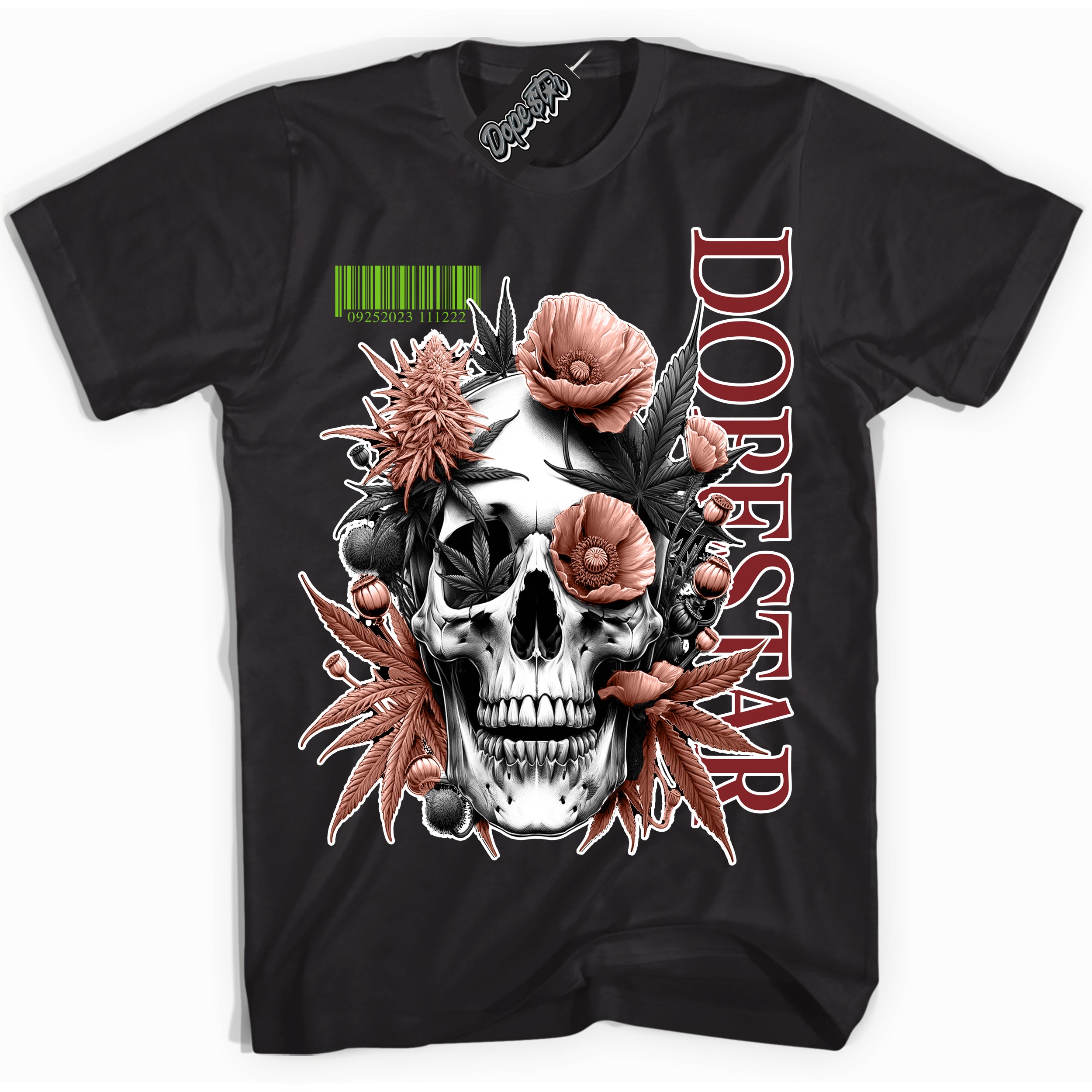 Cool Black Shirt with “Skull Poppies” design that perfectly matches the Dune Red 13s Jordans.