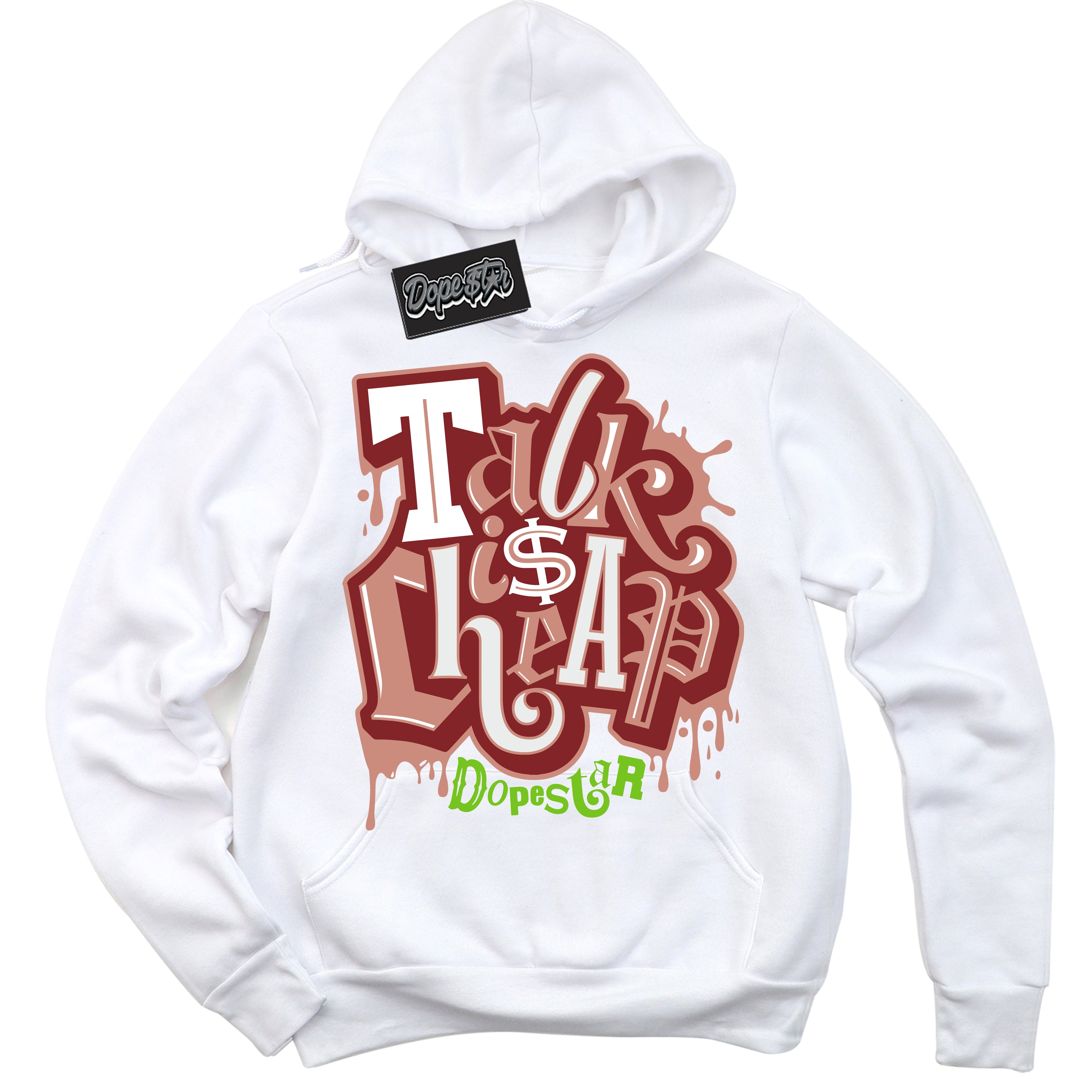 Cool White Hoodie with “Talk Is Cheap” design that Perfectly Matches Dune Red 13s Jordans.