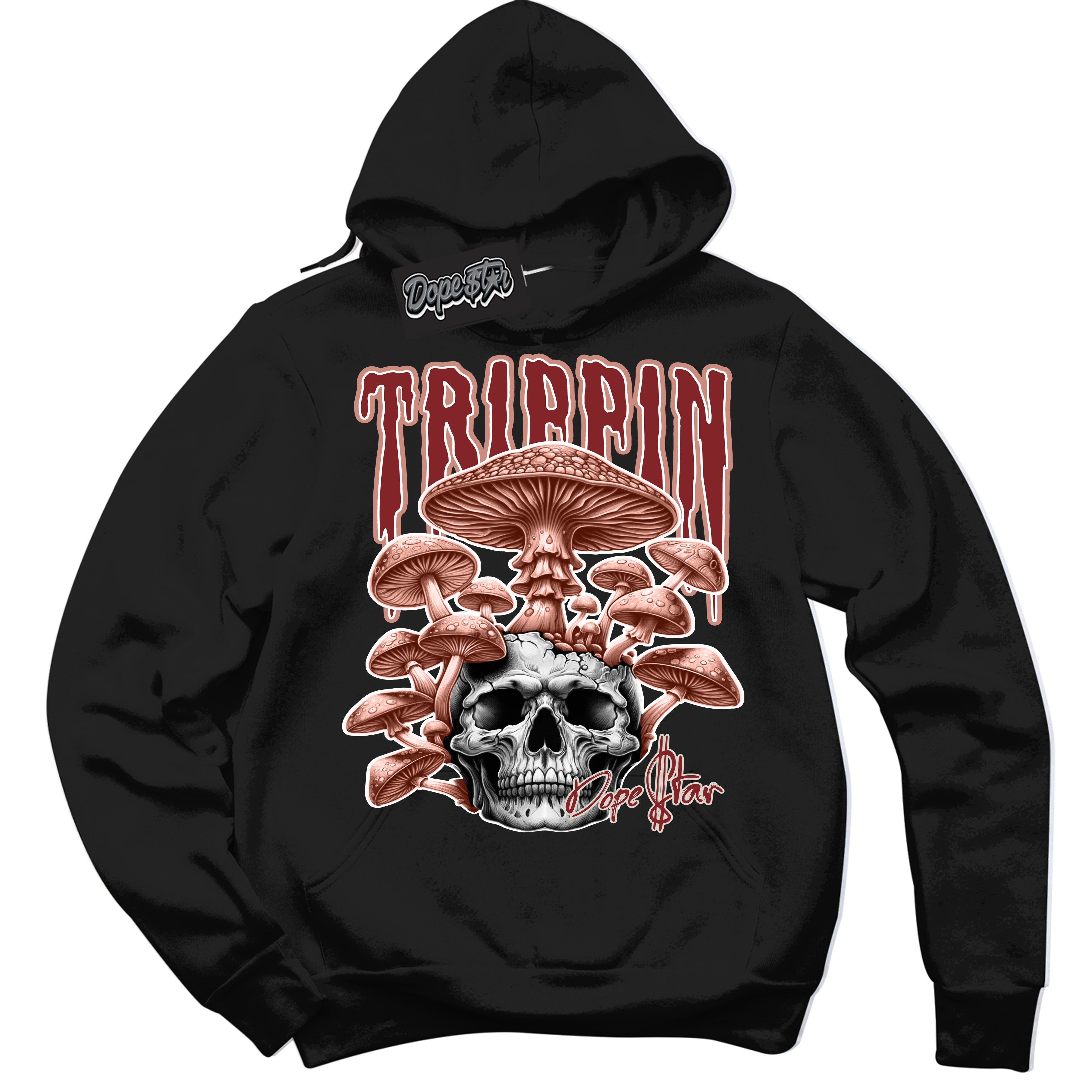 Cool Black Hoodie with “Trippin” design that Perfectly Matches Dune Red 13s Jordans.