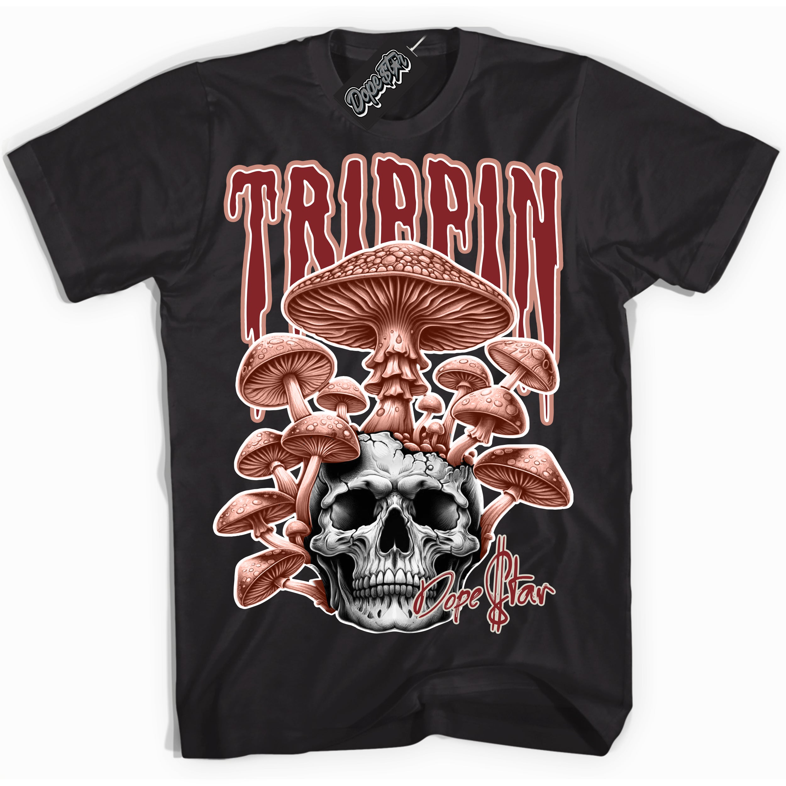 Cool Black Shirt with “Trippin” design that perfectly matches the Dune Red 13s Jordans.