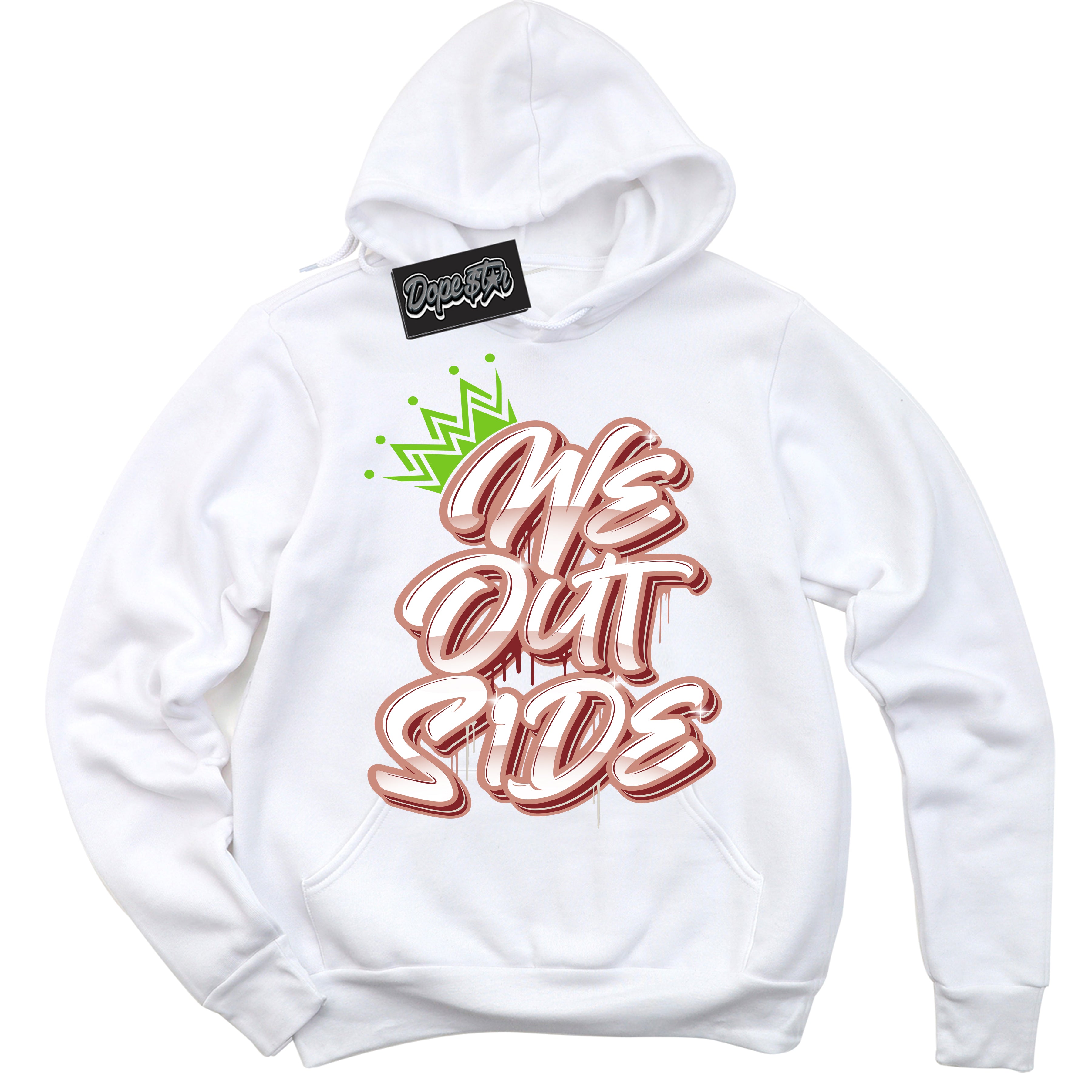 Cool White Hoodie with “We Outside” design that Perfectly Matches Dune Red 13s Jordans.