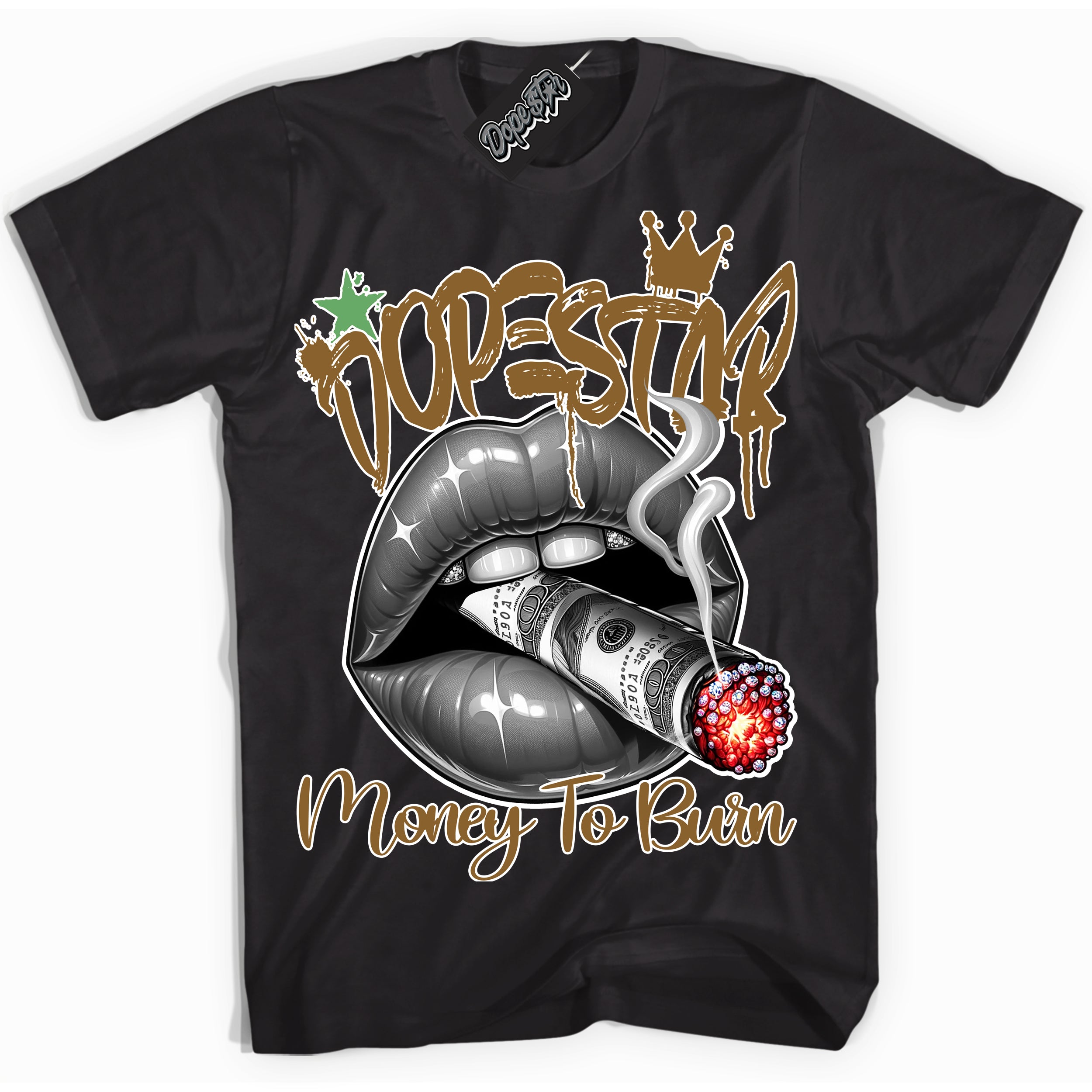 Cool Black Shirt with “ Money To Burn” design that perfectly matches Wheat 13s Sneakers.