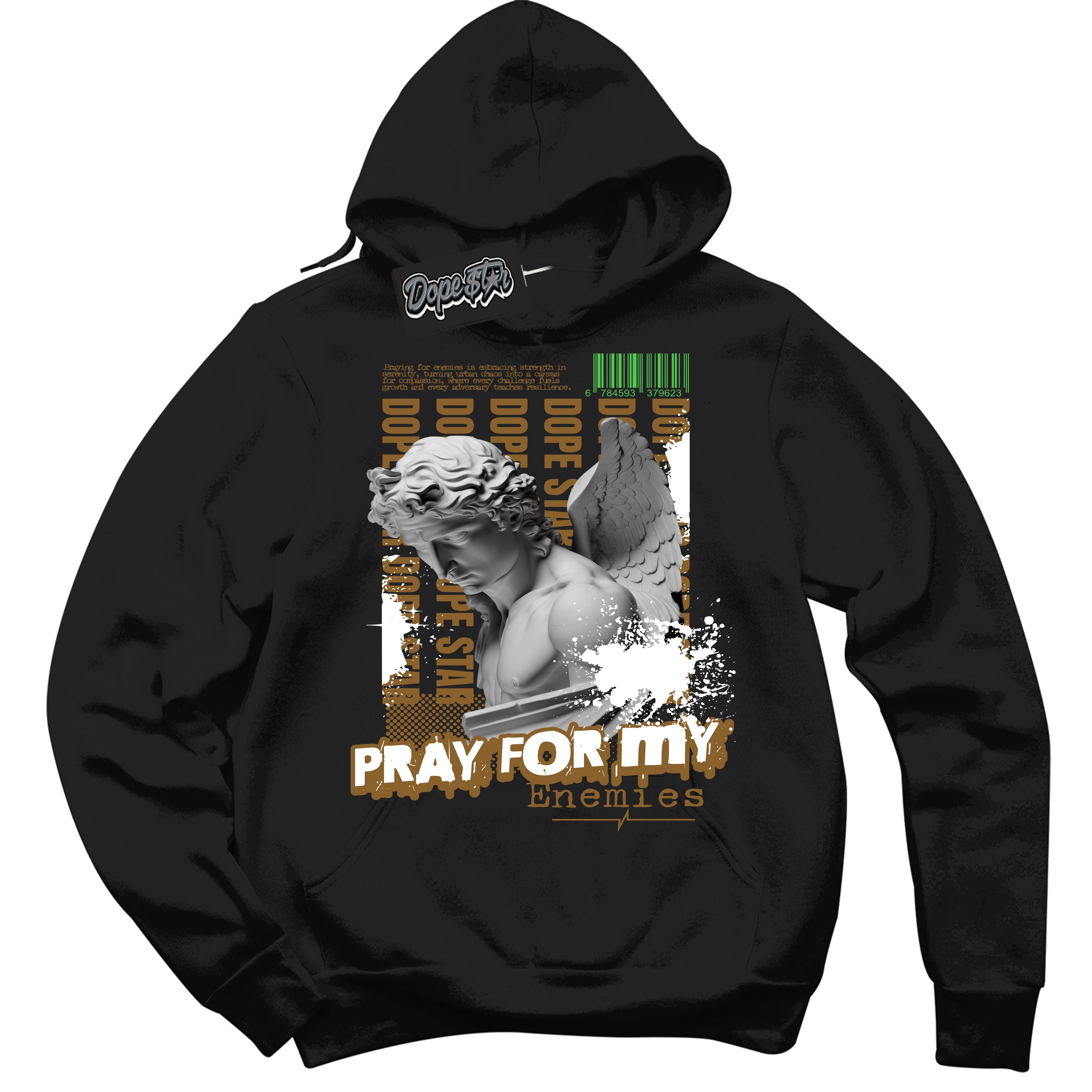 Cool Black Hoodie with “ Pray Enemies ”  design that Perfectly Matches Wheat 13s Sneakers.