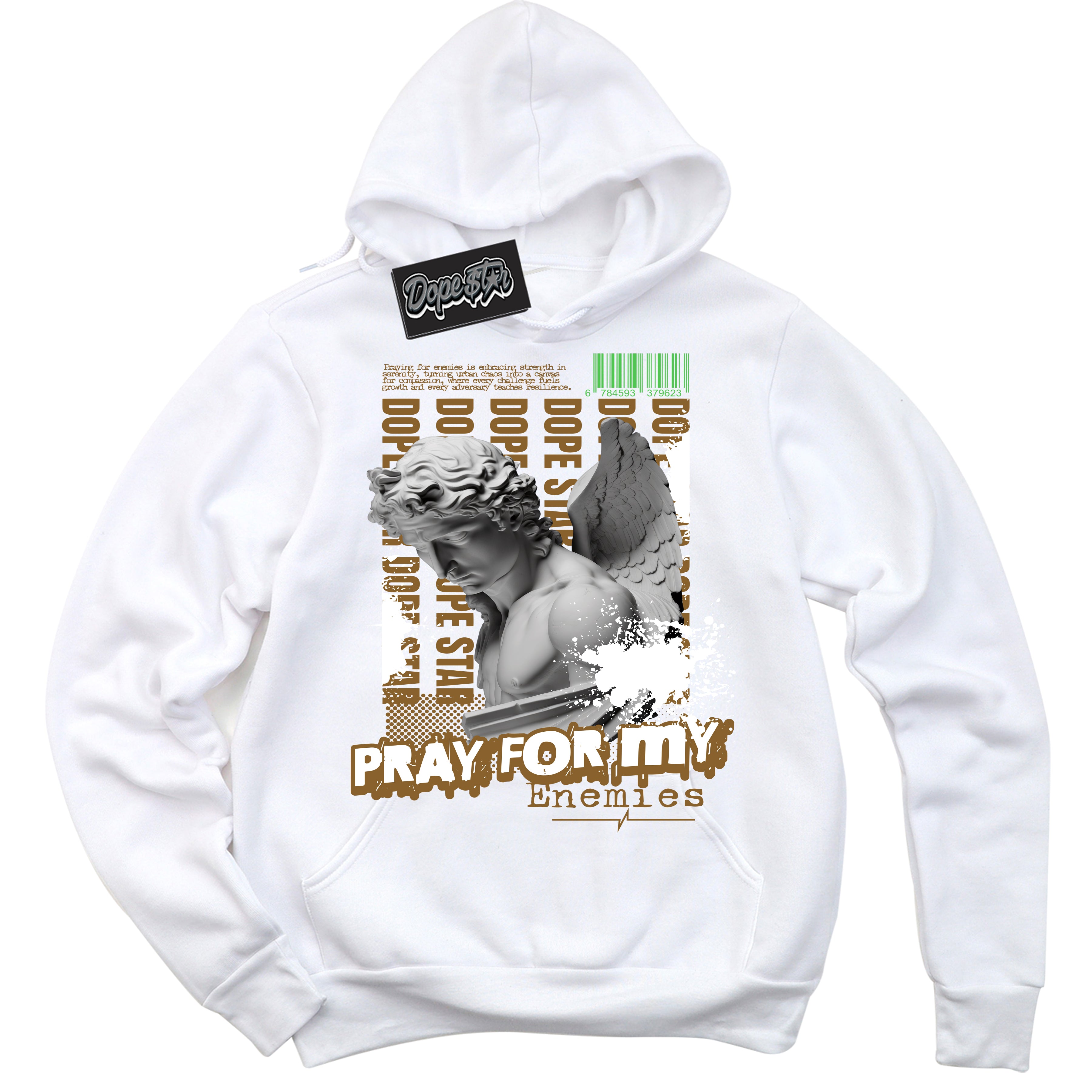 Cool White Hoodie with “ Pray Enemies ”  design that Perfectly Matches Wheat 13s Sneakers.