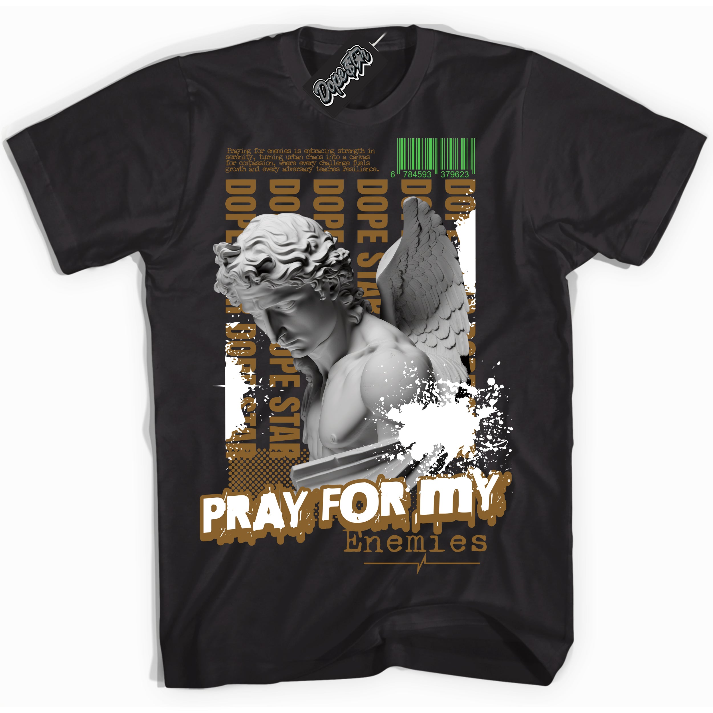 Cool Black Shirt with “ Pray Enemies” design that perfectly matches Wheat 13s Sneakers.