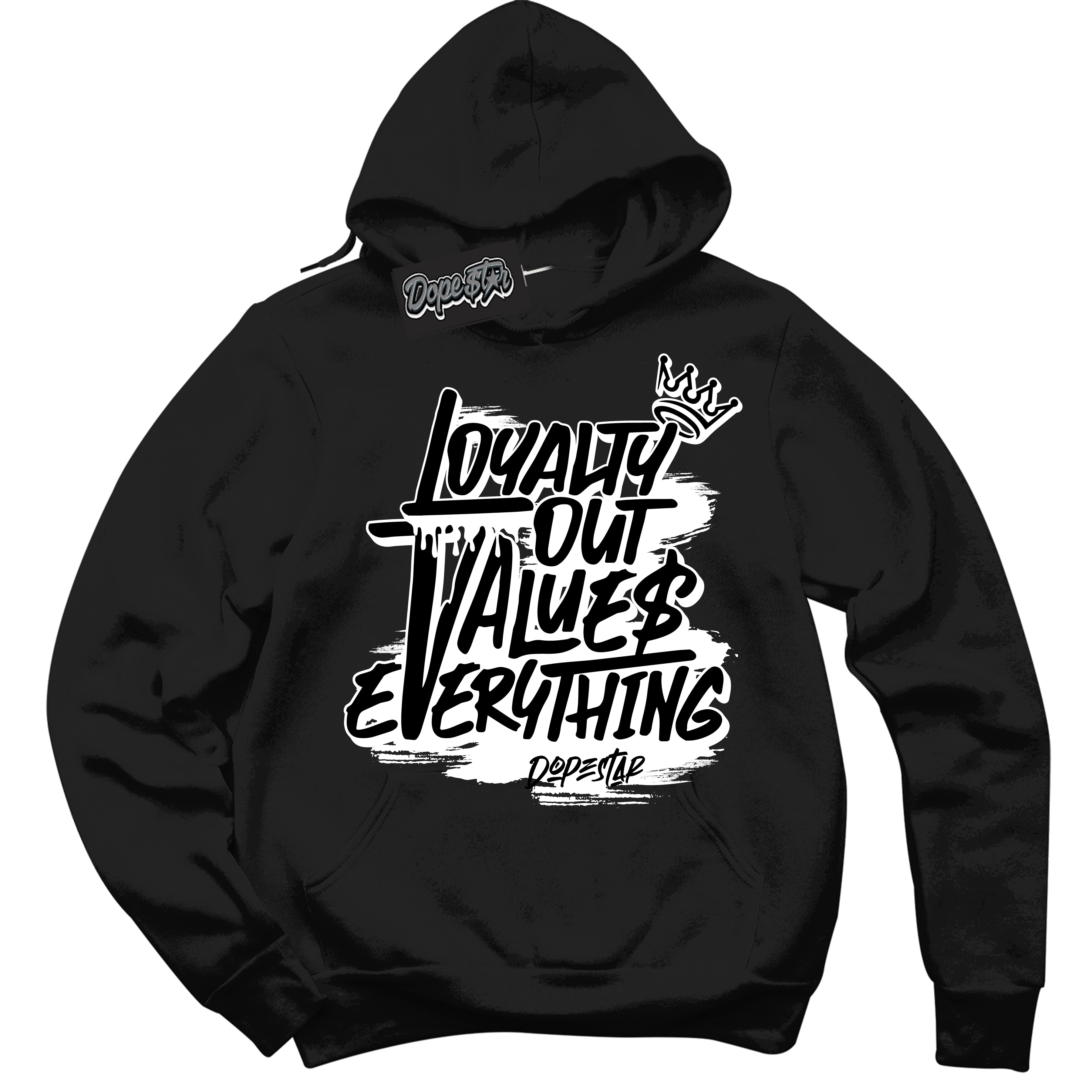 Cool Black Hoodie with “ Loyalty Out Values Everything ”  design that Perfectly Matches  Black White 14s Sneakers.