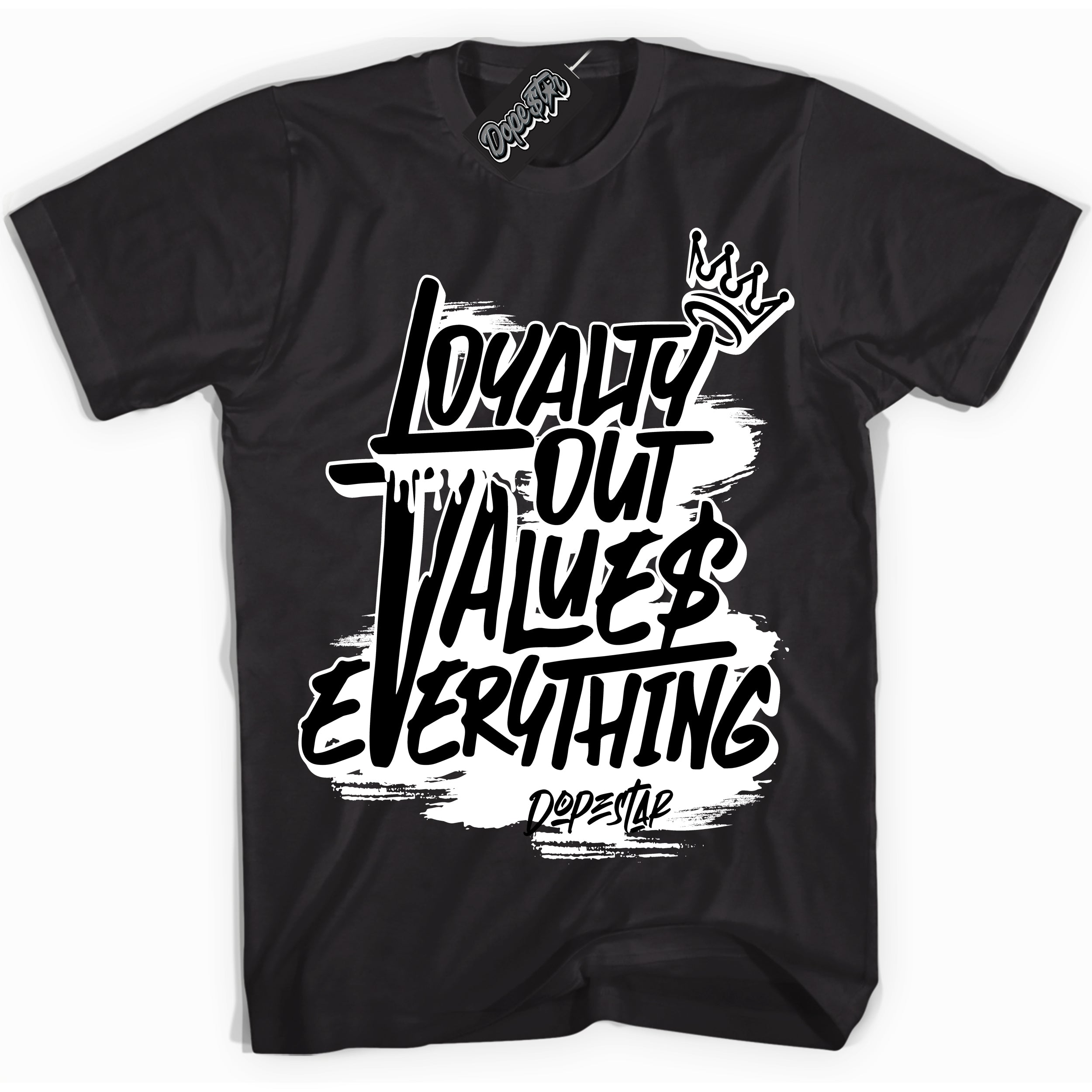 Cool Black Shirt with “ Loyalty Out Values Everything” design that perfectly matches Black White 14s Sneakers.