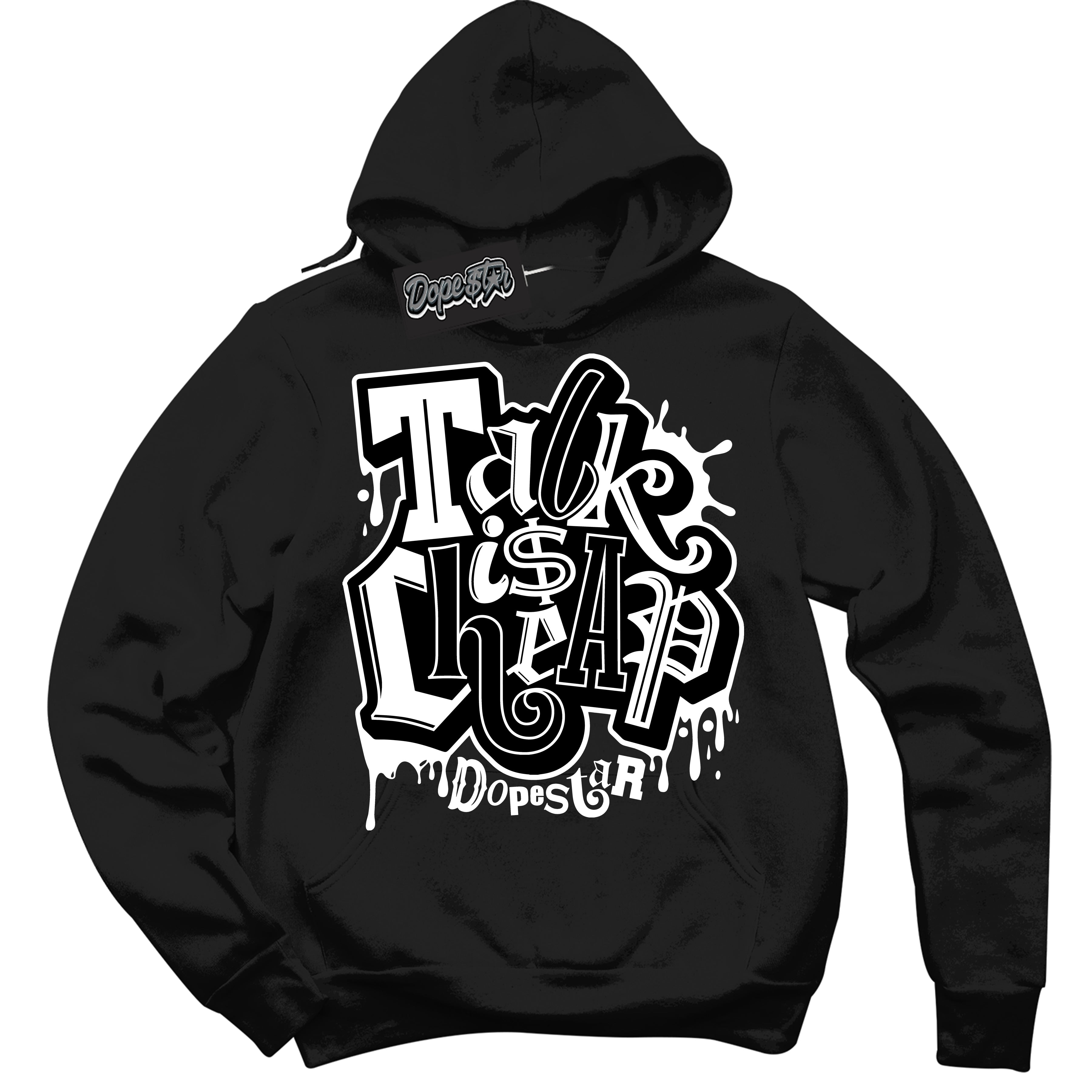 Cool Black Hoodie with “ Talk Is Cheap ”  design that Perfectly Matches Black White 14s Sneakers.