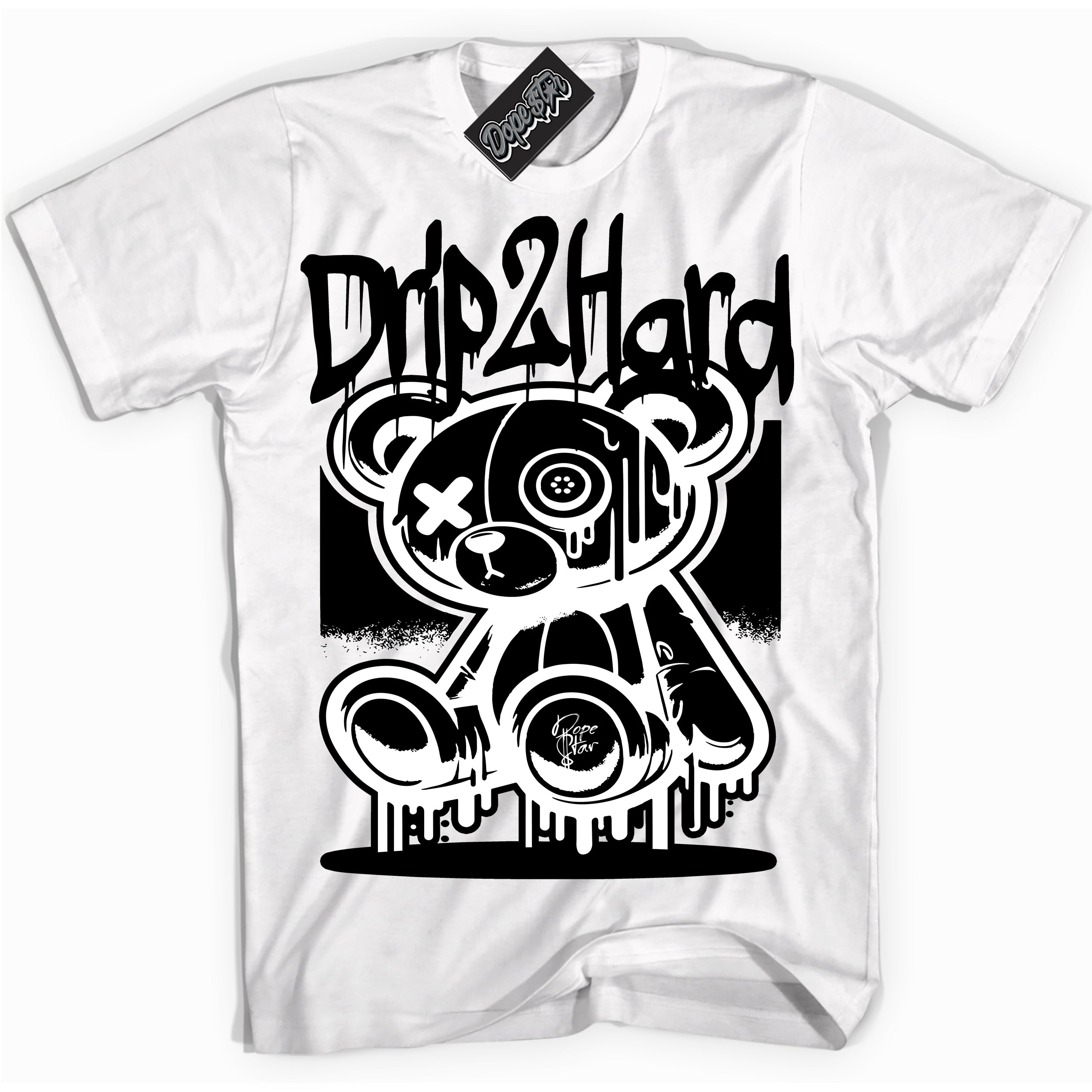 Cool White graphic tee with “ Drip 2 Hard ” design, that perfectly matches Black White 14s