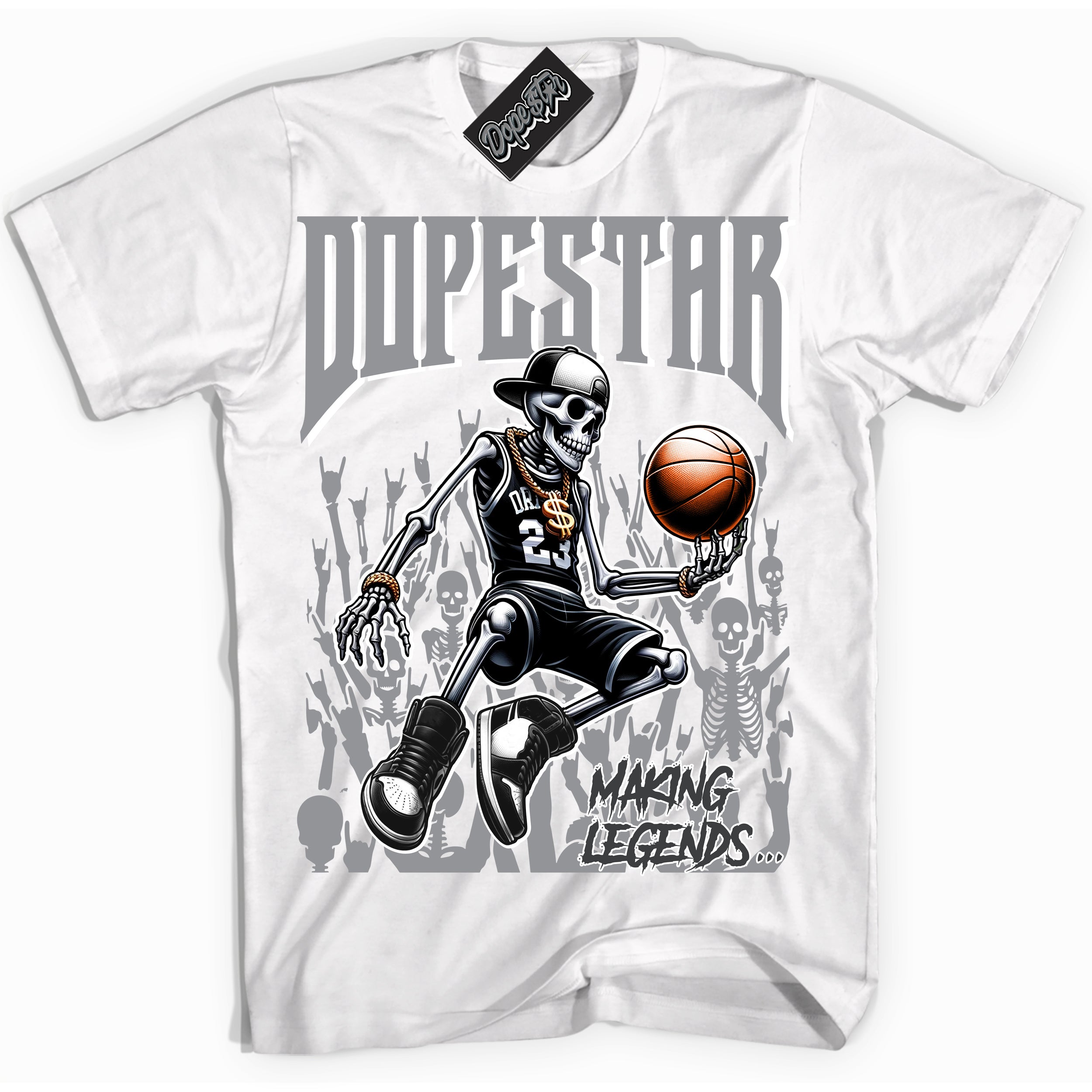 Cool White Shirt with “ Making Legends ” design that perfectly matches Flint Grey 14s Sneakers.