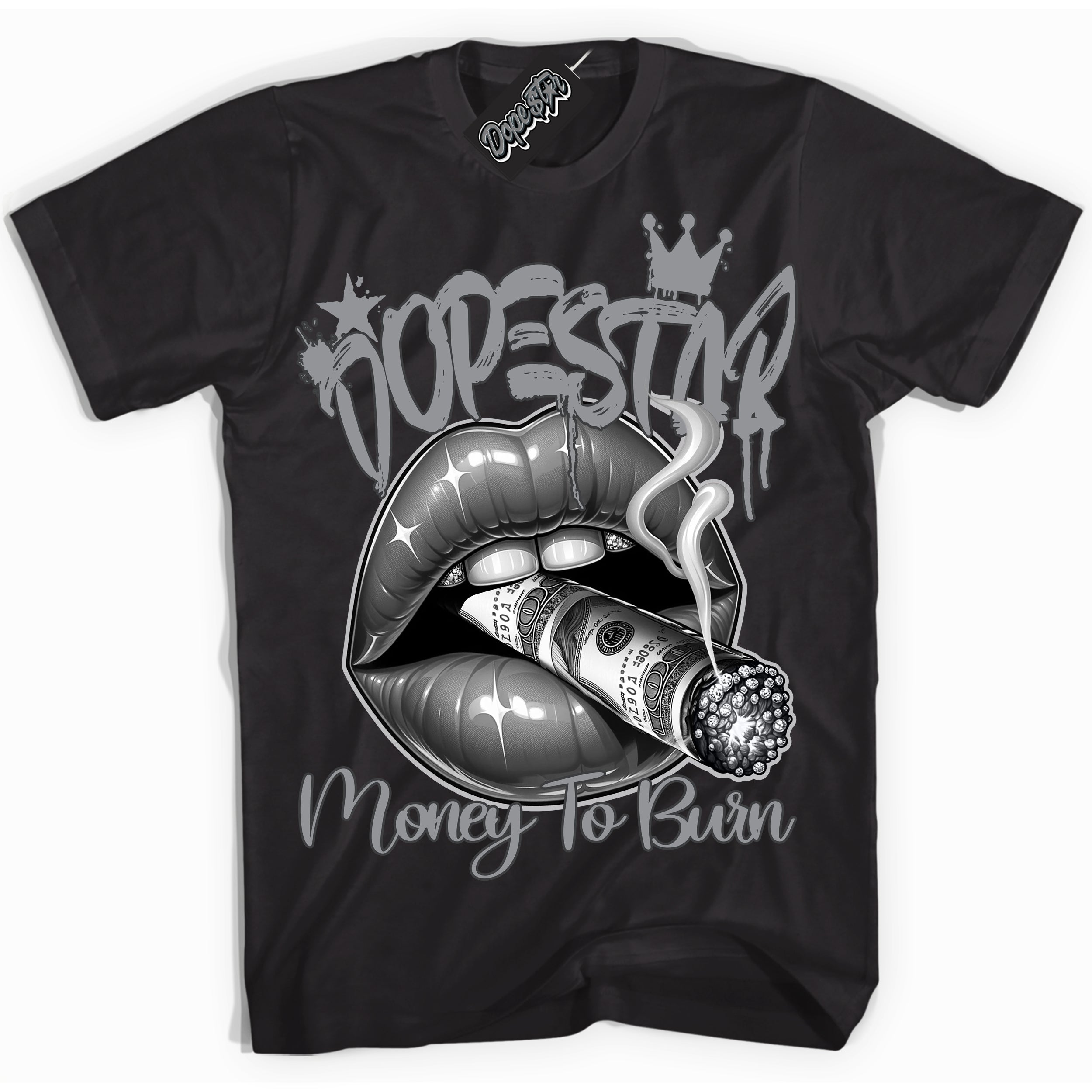 Cool Black Shirt with “ Money To Burn” design that perfectly matches Flint Grey 14s Sneakers.