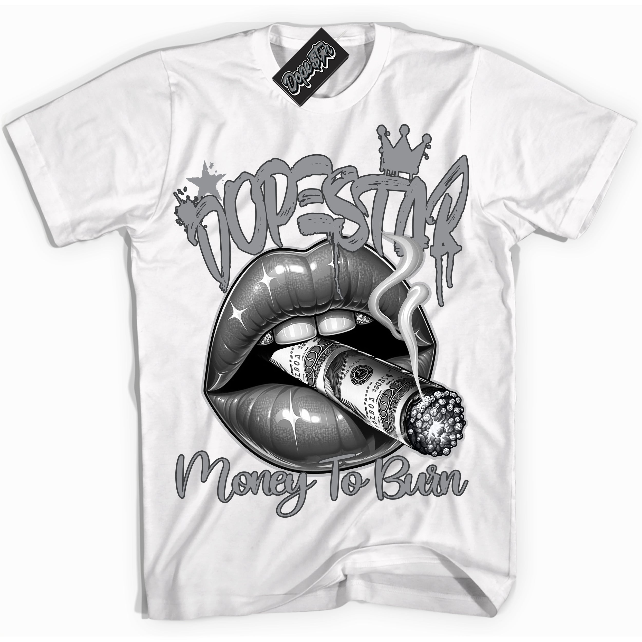 Cool White Shirt with “ Money To Burn” design that perfectly matches Flint Grey 14s Sneakers.