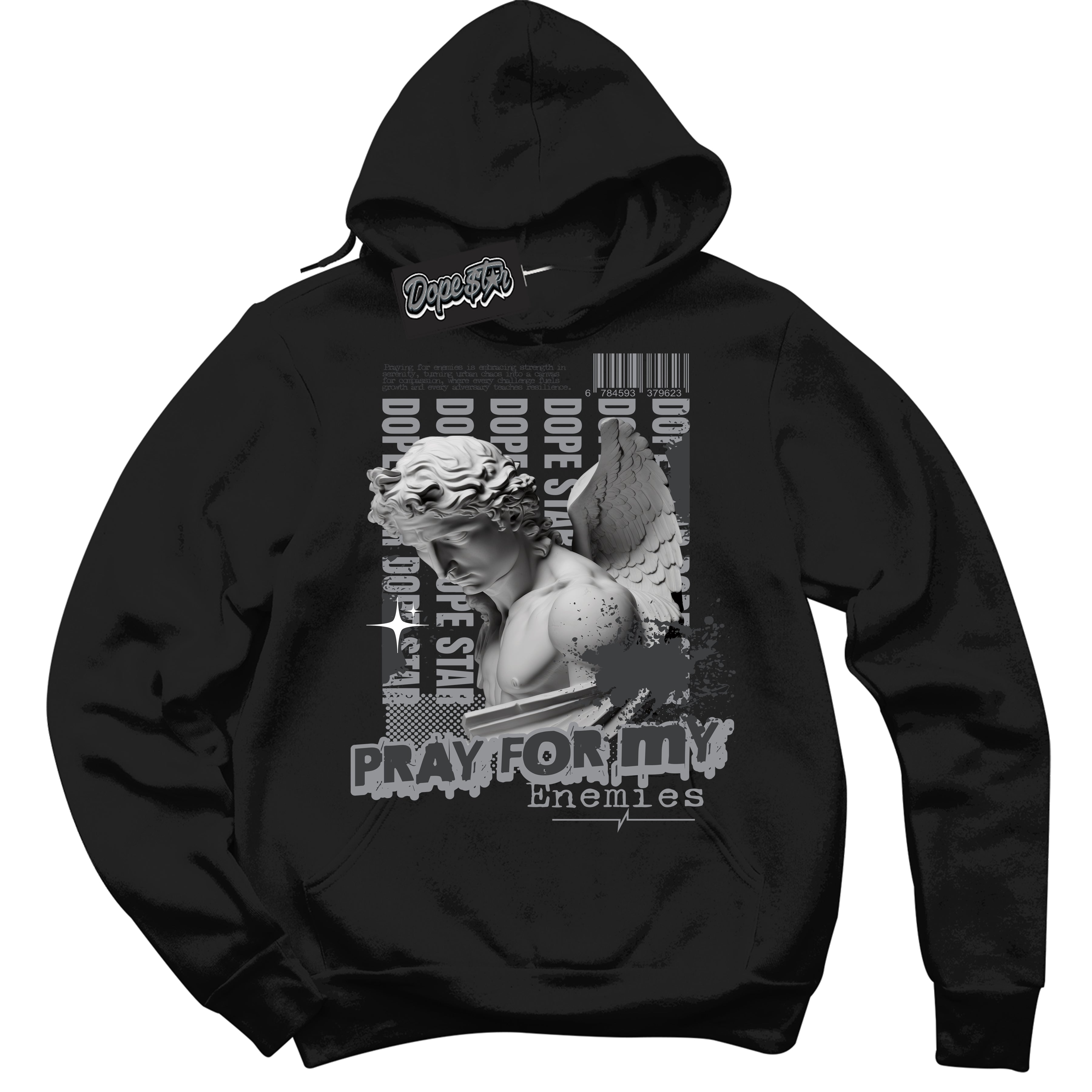 Cool Black Hoodie with “ Pray Enemies ”  design that Perfectly Matches Flint Grey 14s Sneakers.