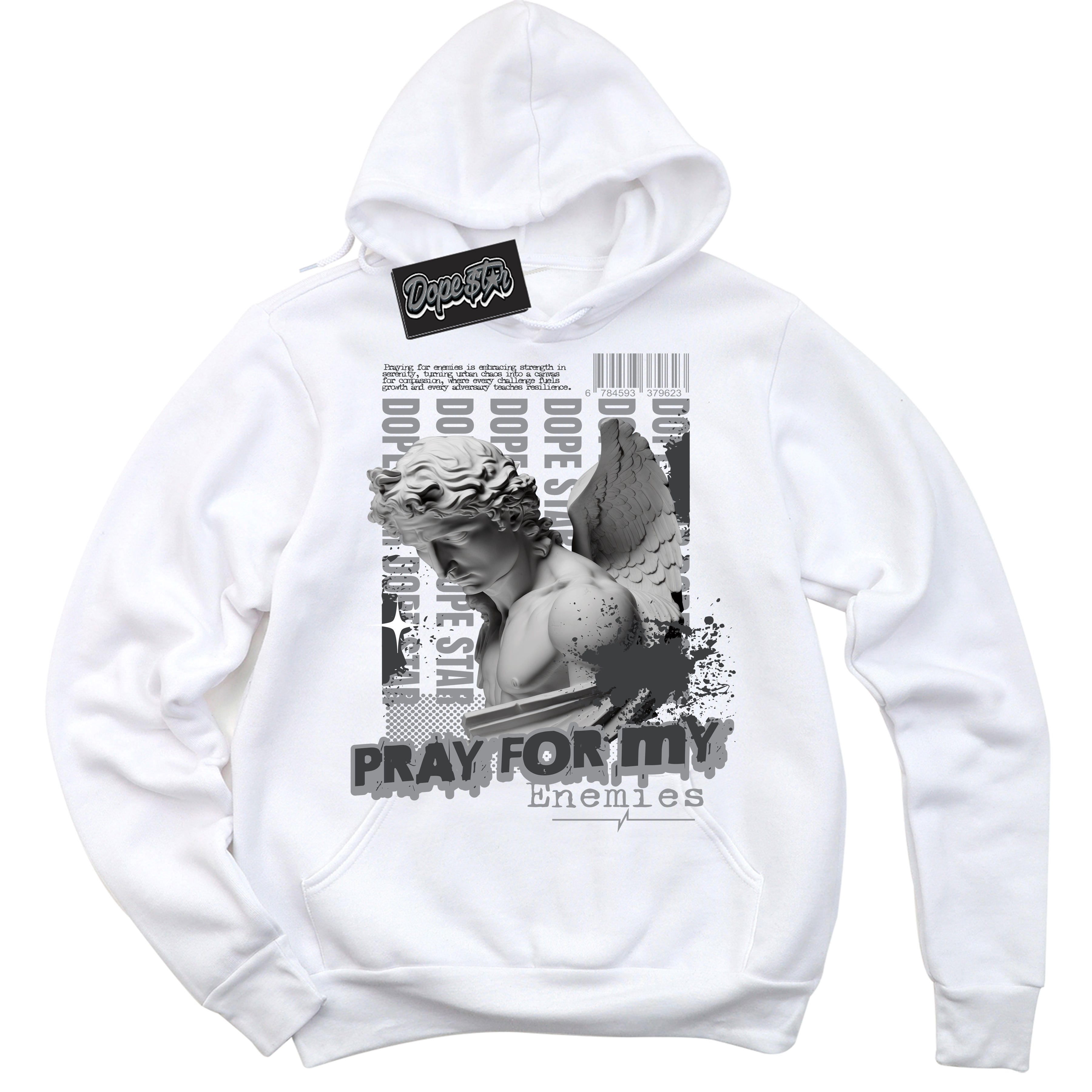 Cool White Hoodie with “ Pray Enemies ”  design that Perfectly Matches Flint Grey 14s Sneakers.